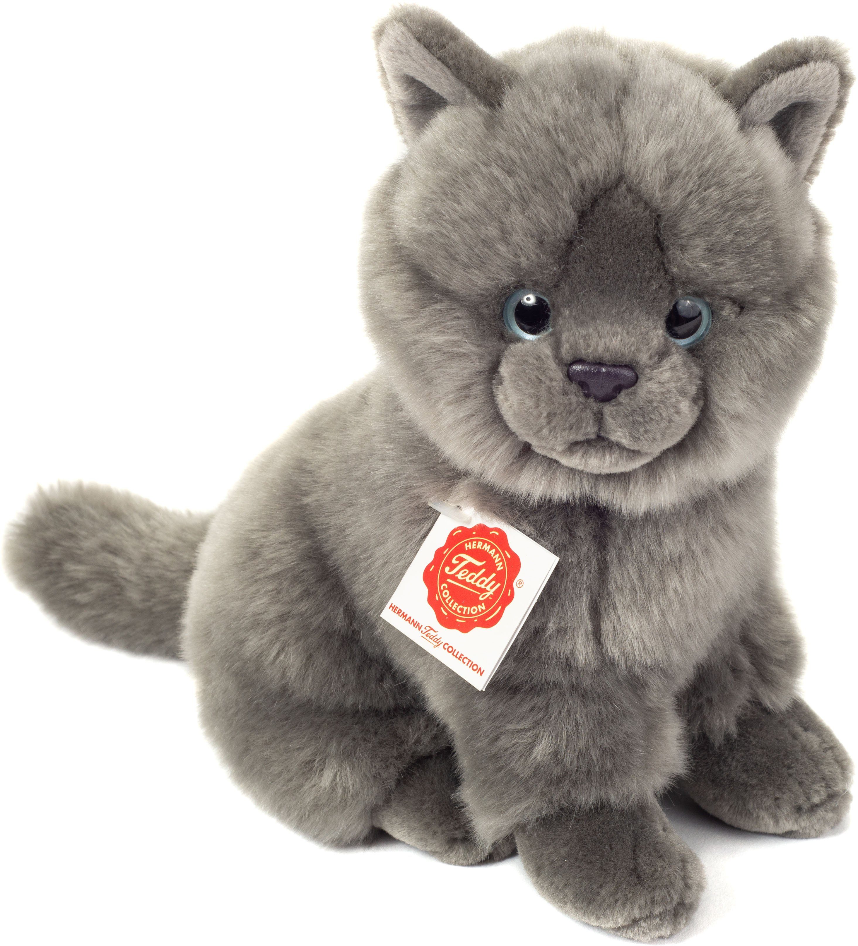 Teddy Hermann® Kuscheltier Kartäuser Katze sitzend grau, 20 cm, zum Teil aus recyceltem Material