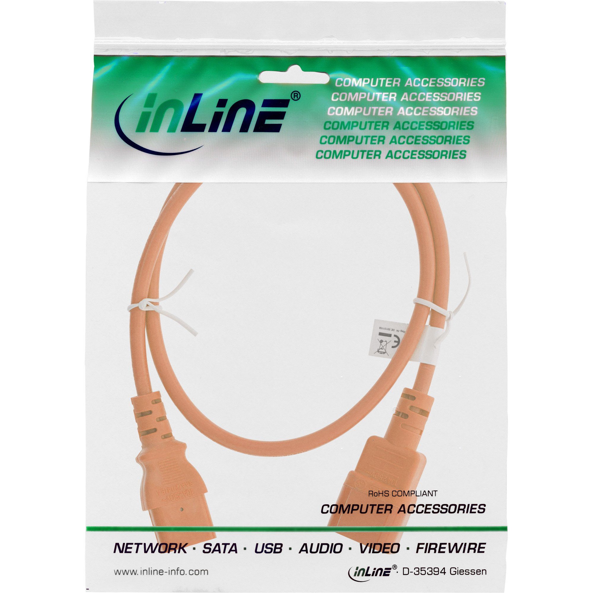 INTOS ELECTRONIC AG InLine® C13 orange, auf Kaltgeräteverlängerung, C14, 0,3m Stromkabel