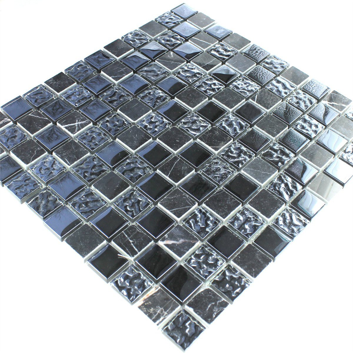 Mosafil Mosaikfliesen Mosaikfliesen Glas Marmor Naturstein Helsinki Schwarz Geriffelt 25, Naturstein-Glas 32.700x30.200, schwarz, Verlegefertig auf ein Netz geklebt - Wasserfest