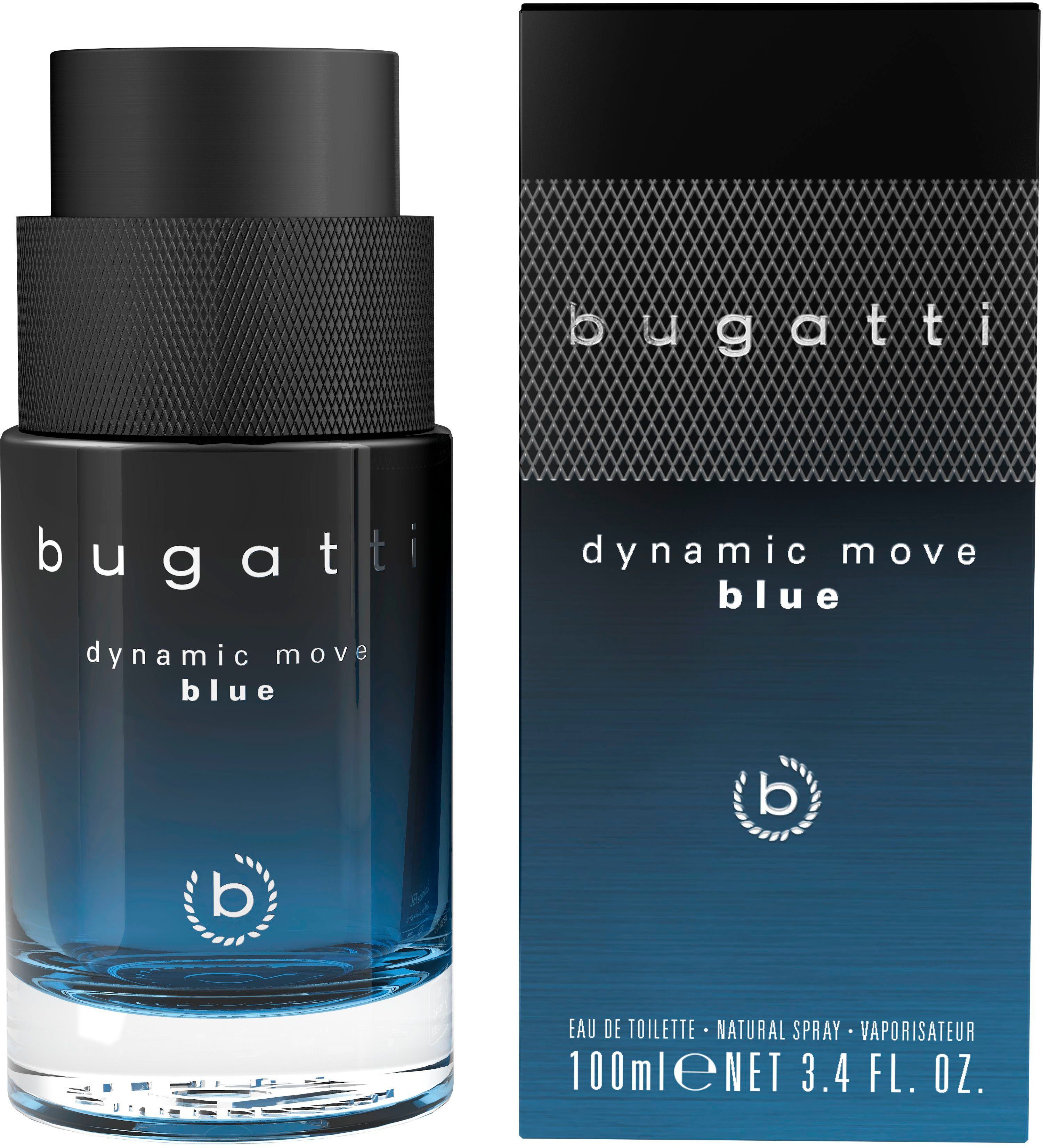 bugatti Eau de Toilette Dynamic Move Blue EdT 100ml, Zitrischer Herrenduft mit Muskatnuss, aquatischer Note und Amber.