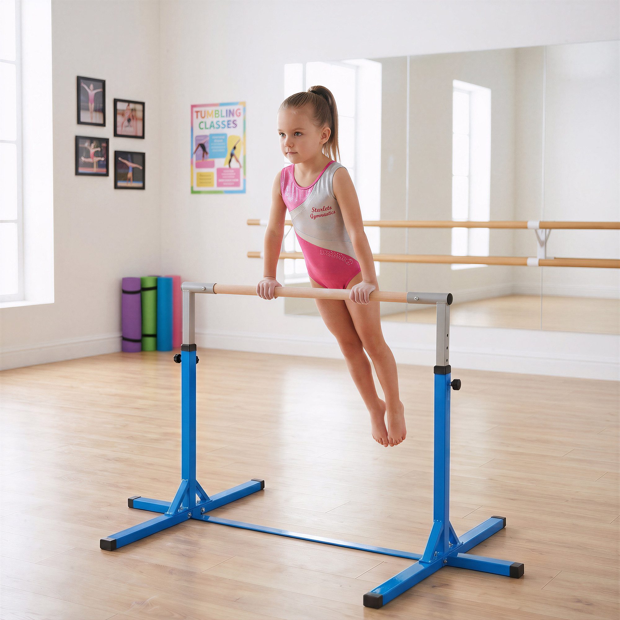 HOMCOM Turnreck Gymnastikstange höhenverstellbar Stahlkonstruktion bis 75 kg, (höhenverstellbar Turnstangen, 1-St., Trainingsgeräte Stahl), Buchenholz Blau