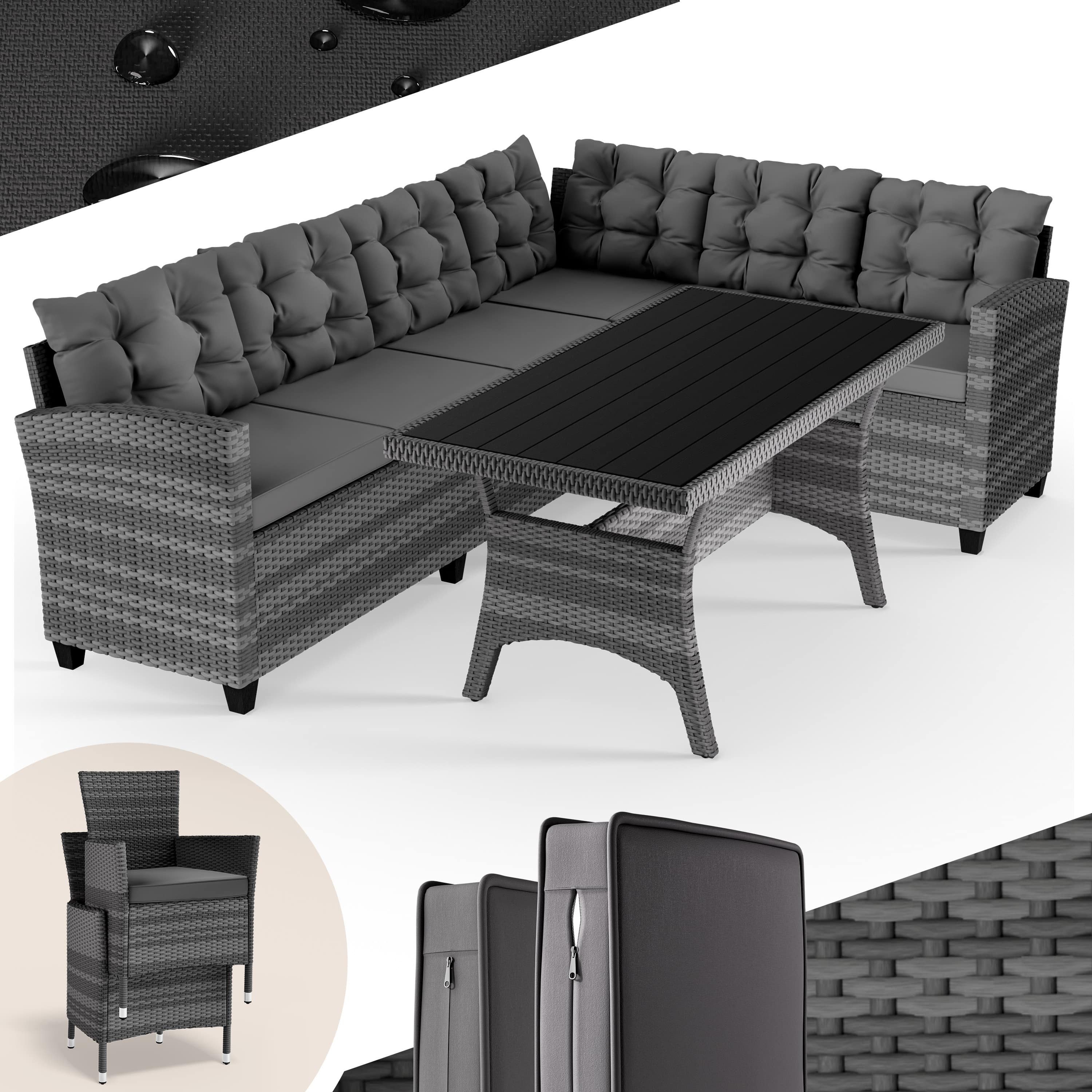 Casaria Gartenlounge-Set Lissabon, (17-tlg), Polyrattan WPC Esstisch Eckbank Gartenstühle 15cm Kissen 7cm Auflagen