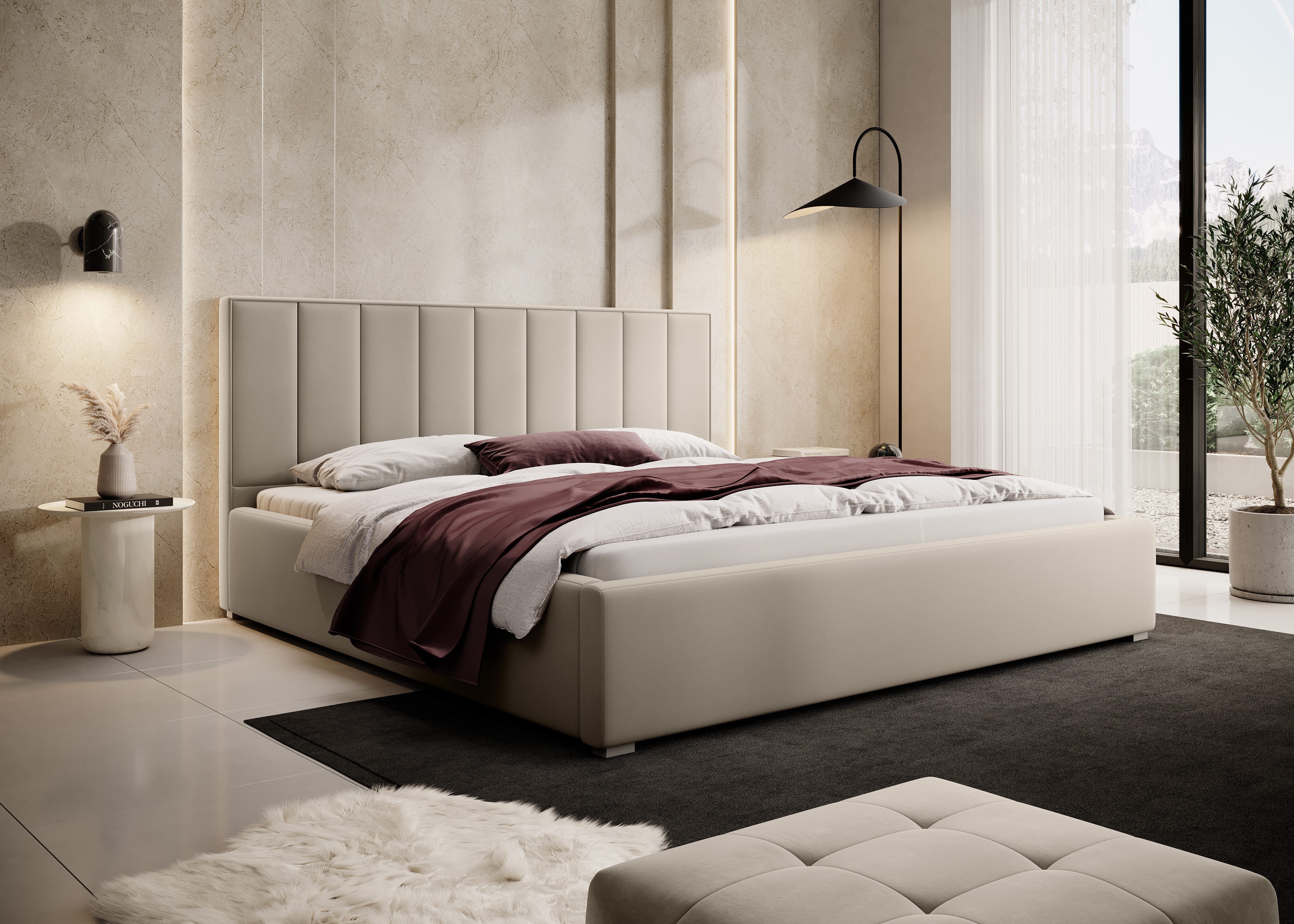 Goldstoff Polsterbett mit Bettkasten und Lattenrost – VERONA (Einzelnes Bettgestell mit Lattenrost und Bettkasten, Stauraumbett - Doppelbett), Hochwertige Polsterung mit Steppung, Robuster Metallrahmen