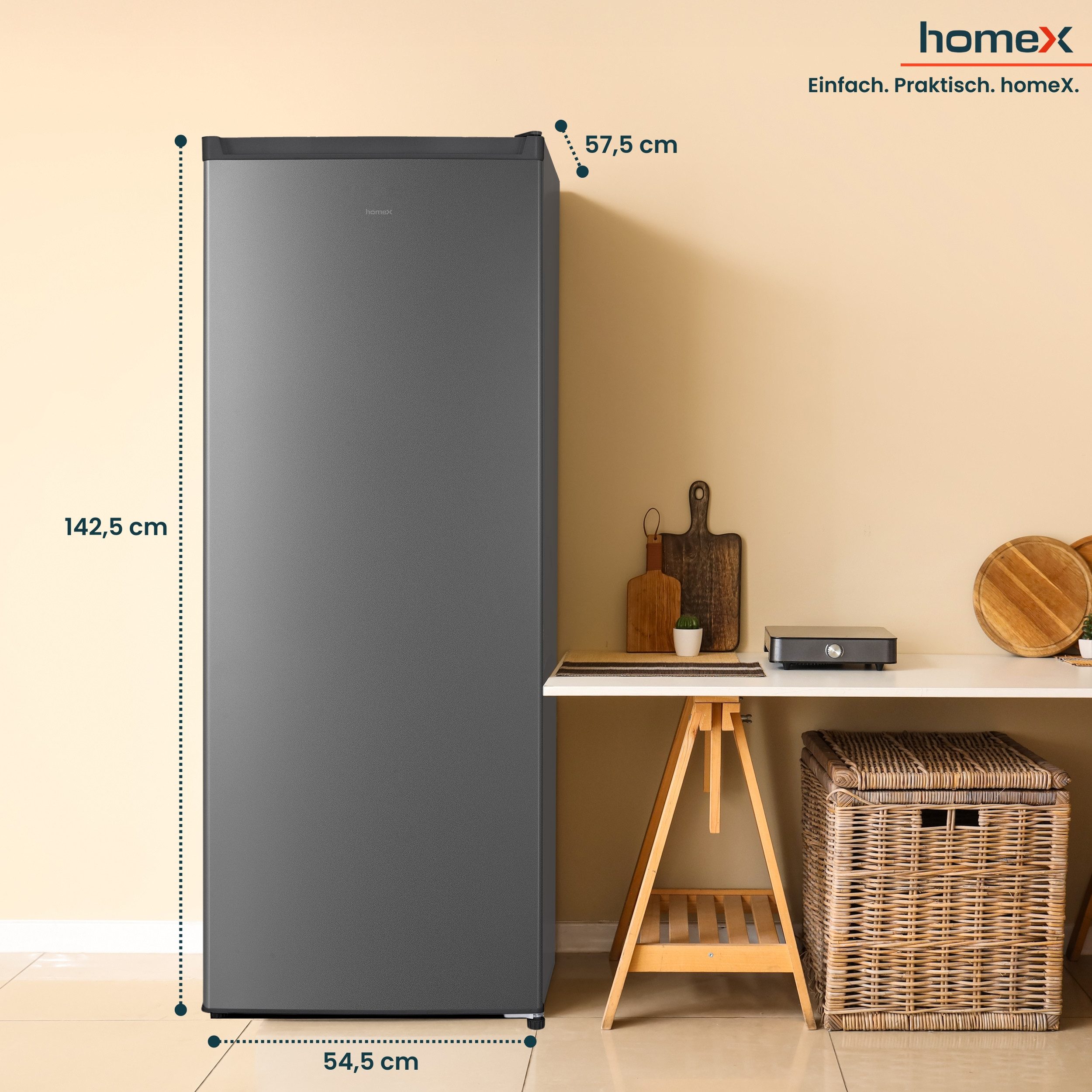 homeX Gefrierschrank FS1682E-S, 142.5 cm hoch, 54.5 cm breit, 168 Liter, Tiefkühlschrank groß, Freezer, 4-Sterne Gefrieren, leise