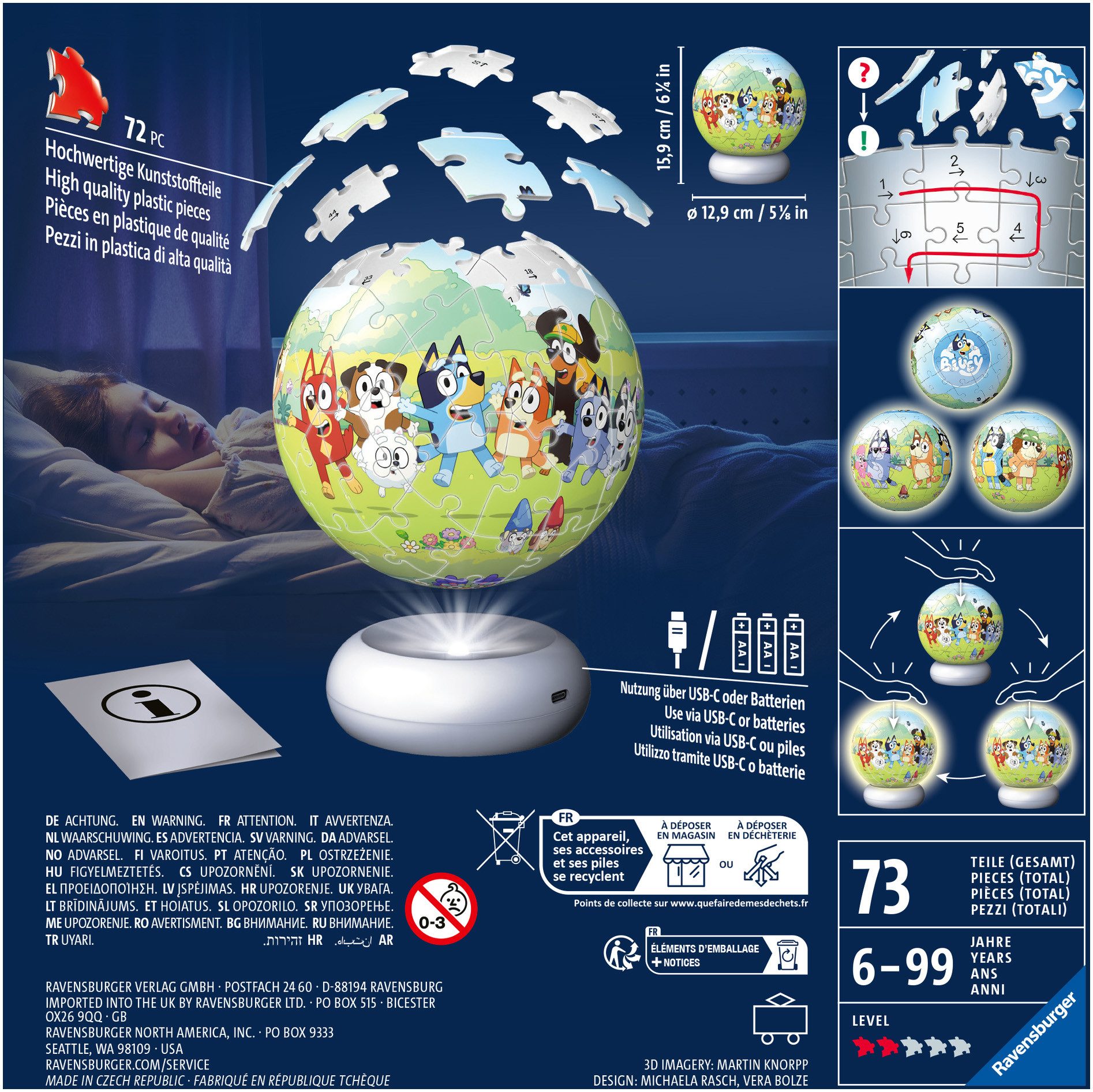 Ravensburger Puzzleball Nachtlicht Bluey, 72 Puzzleteile, beleuchtet