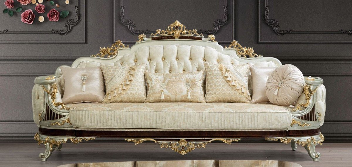 Casa Padrino Sofa Luxus Barock Sofa Creme / Beige / Dunkelbraun / Silber / Gold 260 x 90 x H. 125 cm - Prunkvolles Barockstil Wohnzimmer Sofa mit elegantem Muster - Barock Möbel