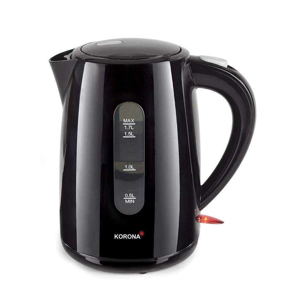 KORONA Wasserkocher Schwarz 1,7 Liter 2200W 360° Basisstation kabellos, 2200 W, Dampf-Stopp Automatik, Trockengehschutz, verdecktes Heizelement