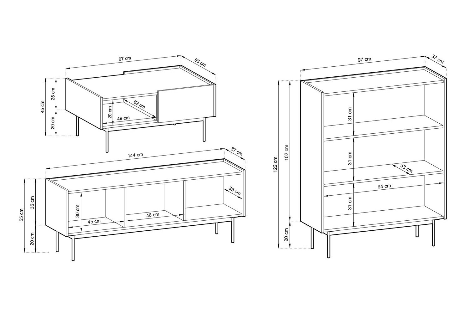 Feldmann-Wohnen Wohnwand Color, (Color, 3-St., Wohnzimmer-Set), 3-teilig, Kaschmir, Eiche Linea, grifflos