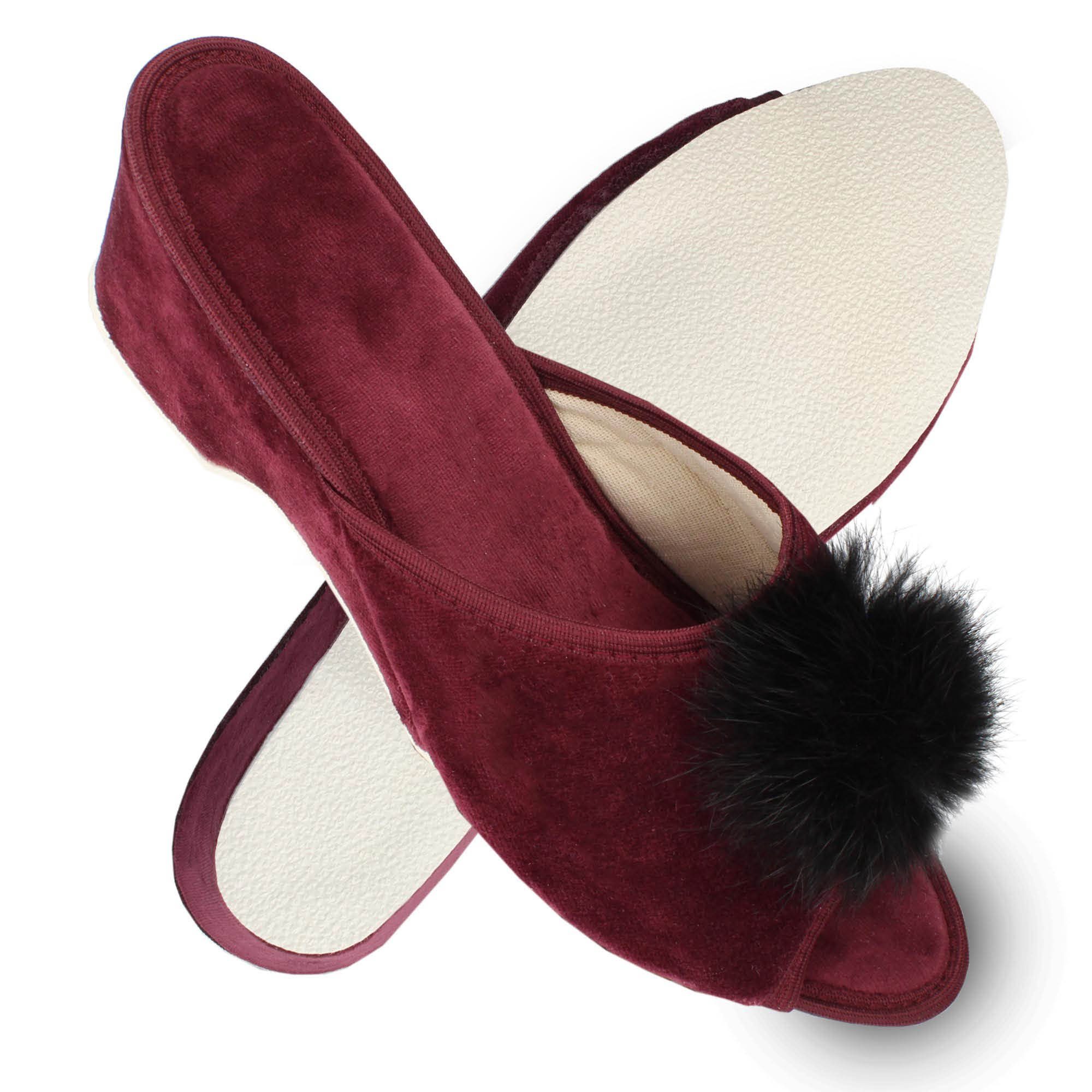 filsko Latina Elegante Samt Pantoffeln für Damen mit Puschel Hausschuh
