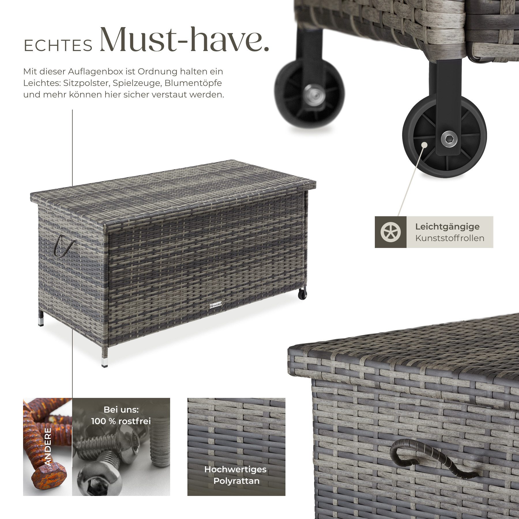 tectake Gartenbox Aluminium Auflagenbox mit Rattangeflecht, 121 x 56 x 60 cm (Kissenbox Kiruna, in grau, 270 L), UV-beständig, 2 Rollen, mit Reißverschluss und Zahlenschloss