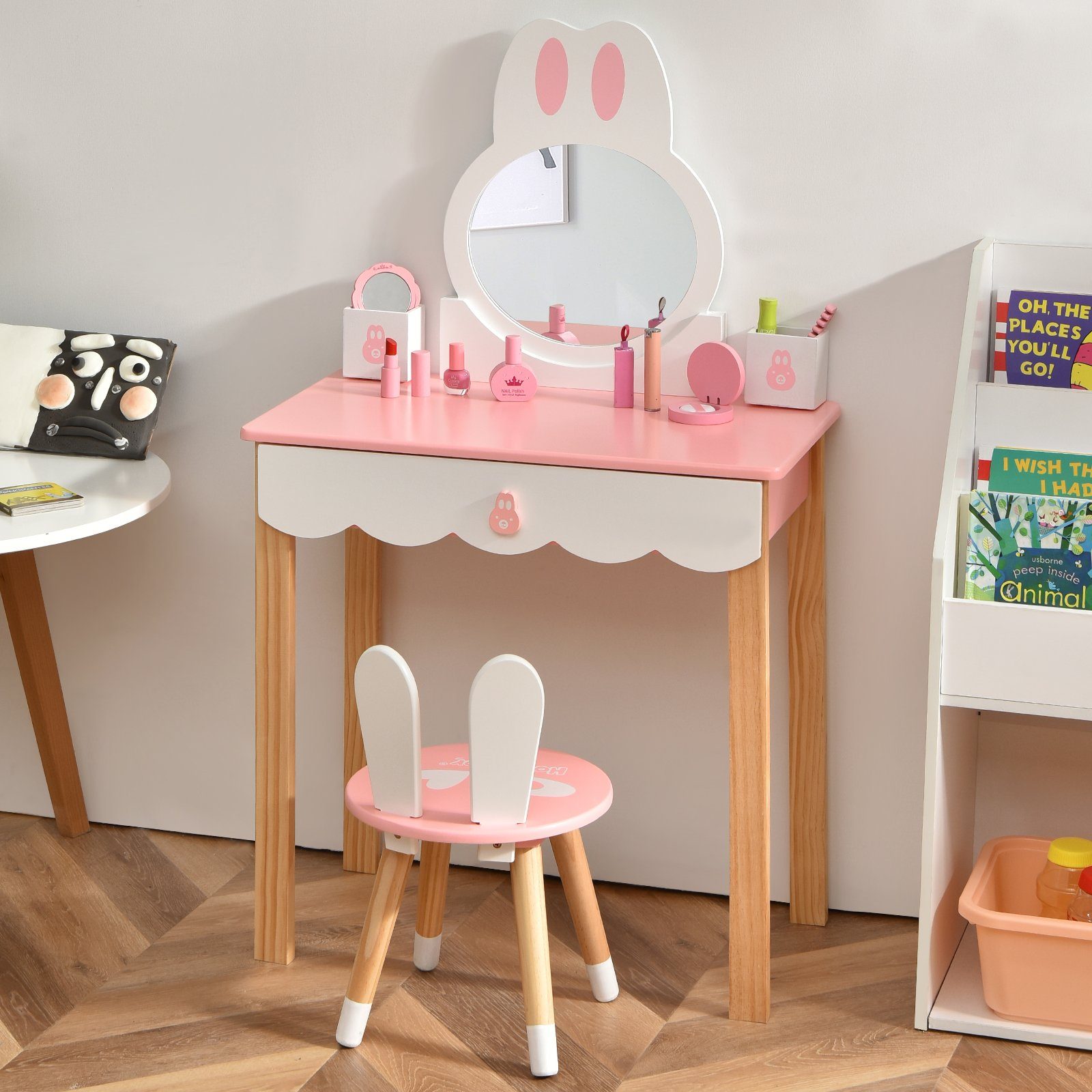 COSTWAY Schminktisch, Kinder, mit Hocker, Schublade&Aufbewahrungsbox Rosa Spiegel