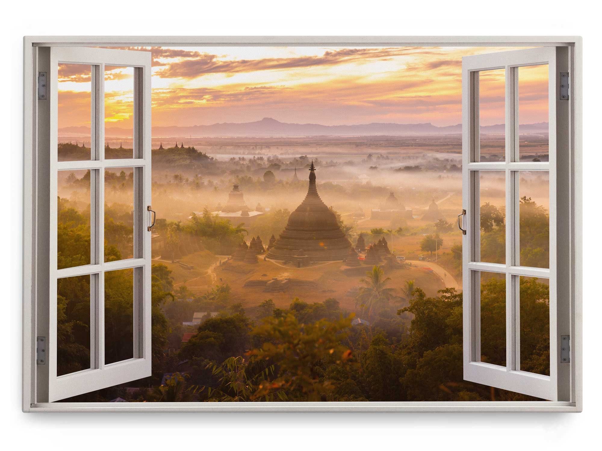Sinus Art Leinwandbild Wandbild 120x80cm Fensterbild Tempel Asien Antik Sonnenuntergang Rot N, (1 St)