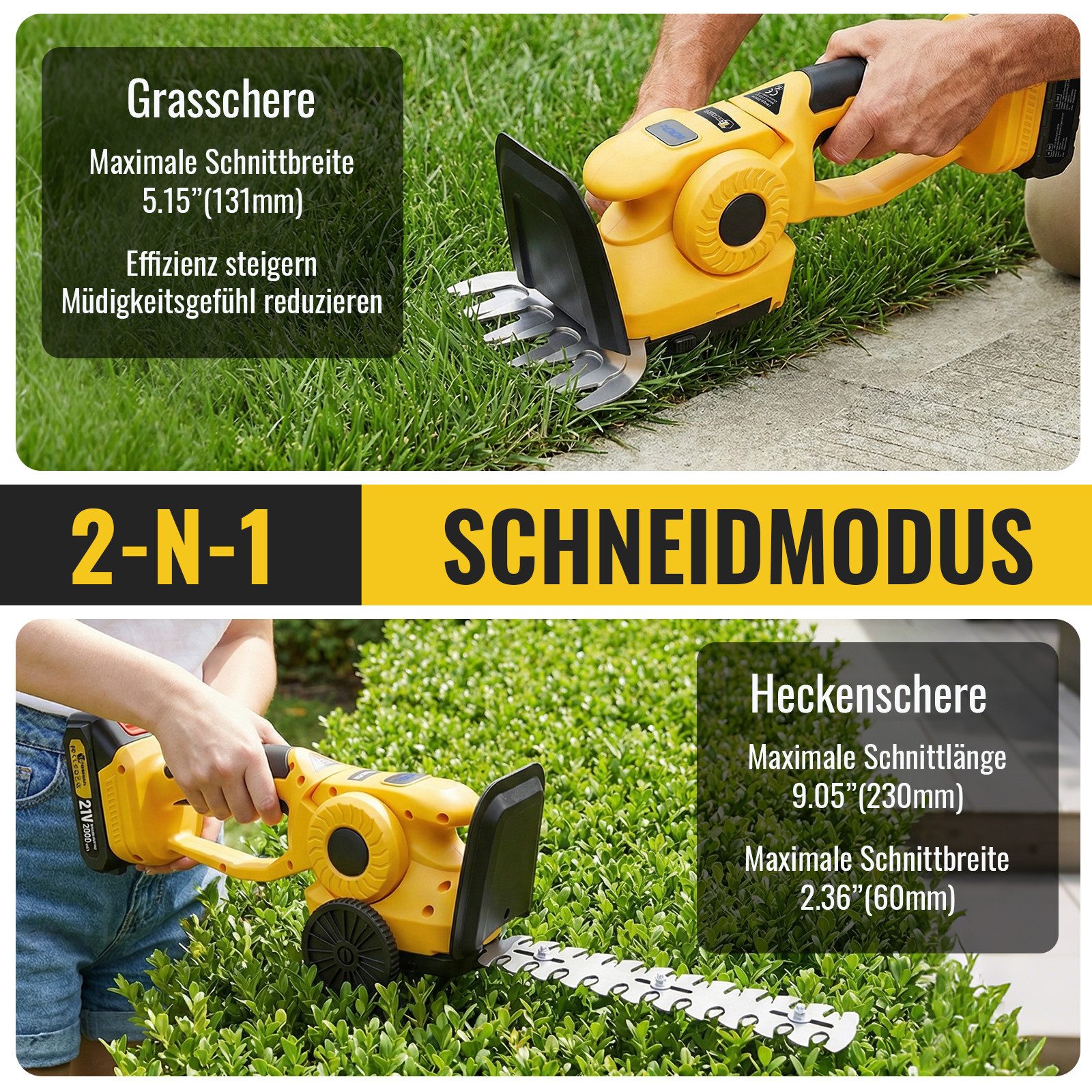 CONENTOOL Akku-Grasschere 2-in-1 Akku Heckenschere 21V, 2x 2000mAh, mit 23/5cm Schnittlänge, SK5 Klingen, kabellos Strauchscherenset