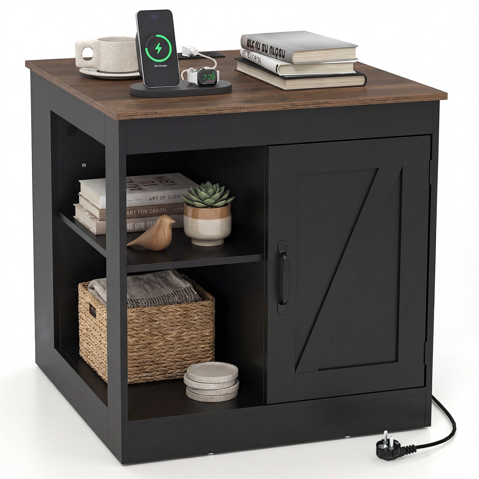 COSTWAY Beistelltisch, Nachttisch mit Ladefunktion, verstellbarem Regal Holz
