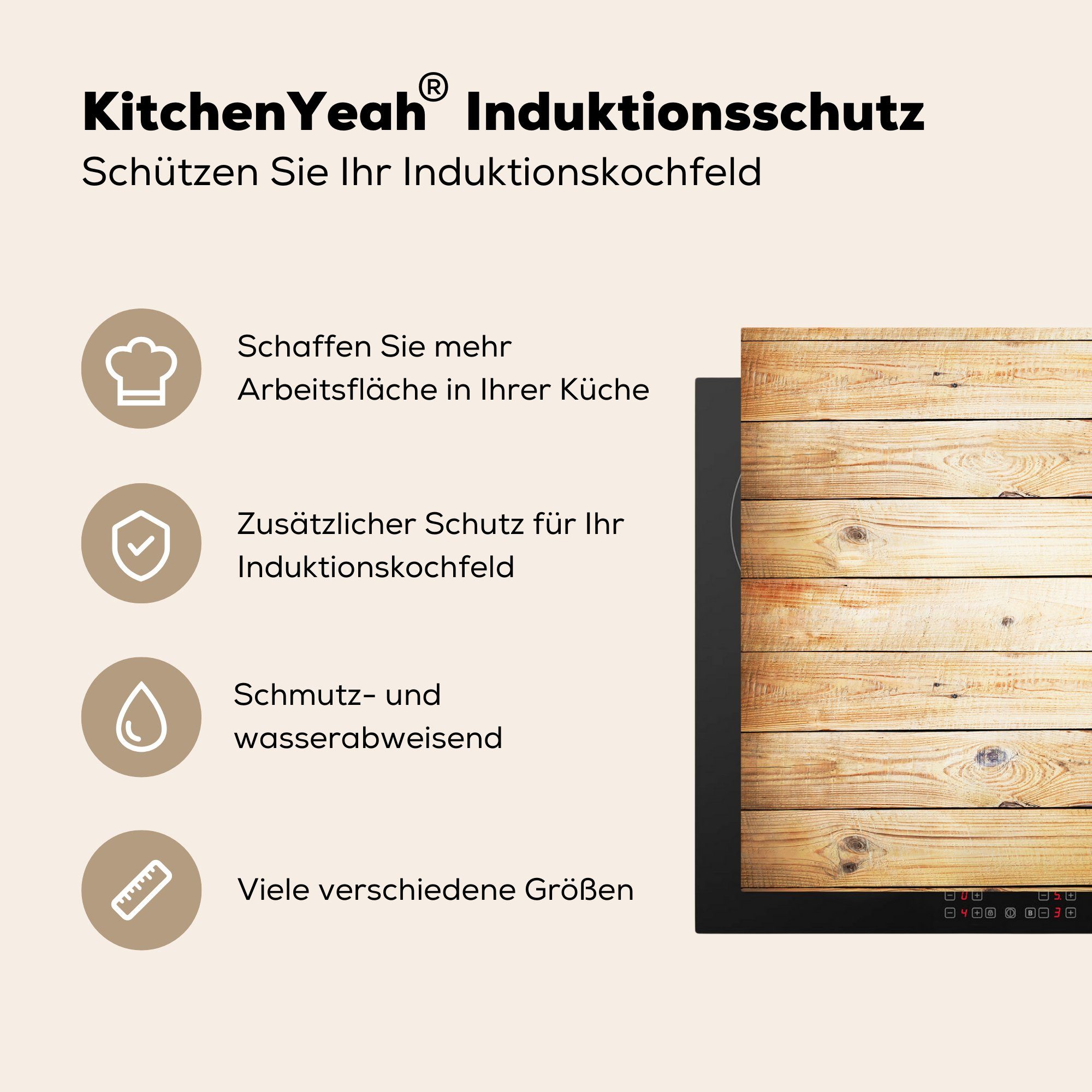 küche, Brocante MuchoWow Schutz die Ceranfeldabdeckung Vinyl, Regale, Holz - Induktionskochfeld (1 tlg), Herdblende-/Abdeckplatte 81x52 cm, für -