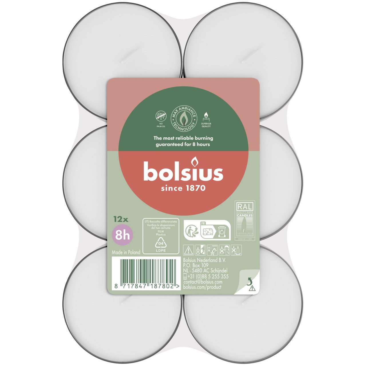Bolsius Teelicht Bolsius Maxi-Teelichter weiß 8h 12er Pack