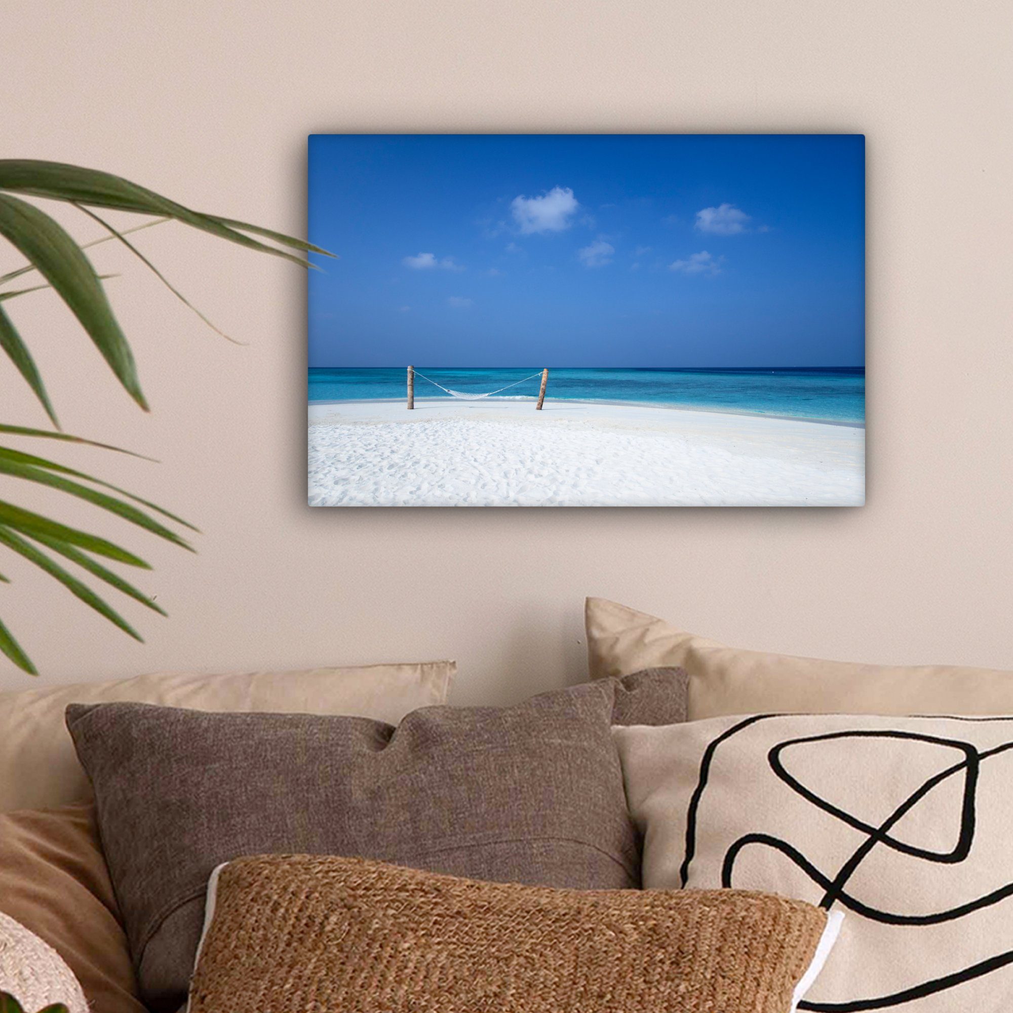 OneMillionCanvasses® Leinwandbild - St), Wandbild Himmel, Aufhängefertig, Wanddeko, (1 cm Strand Hängematte - 30x20 Leinwandbilder