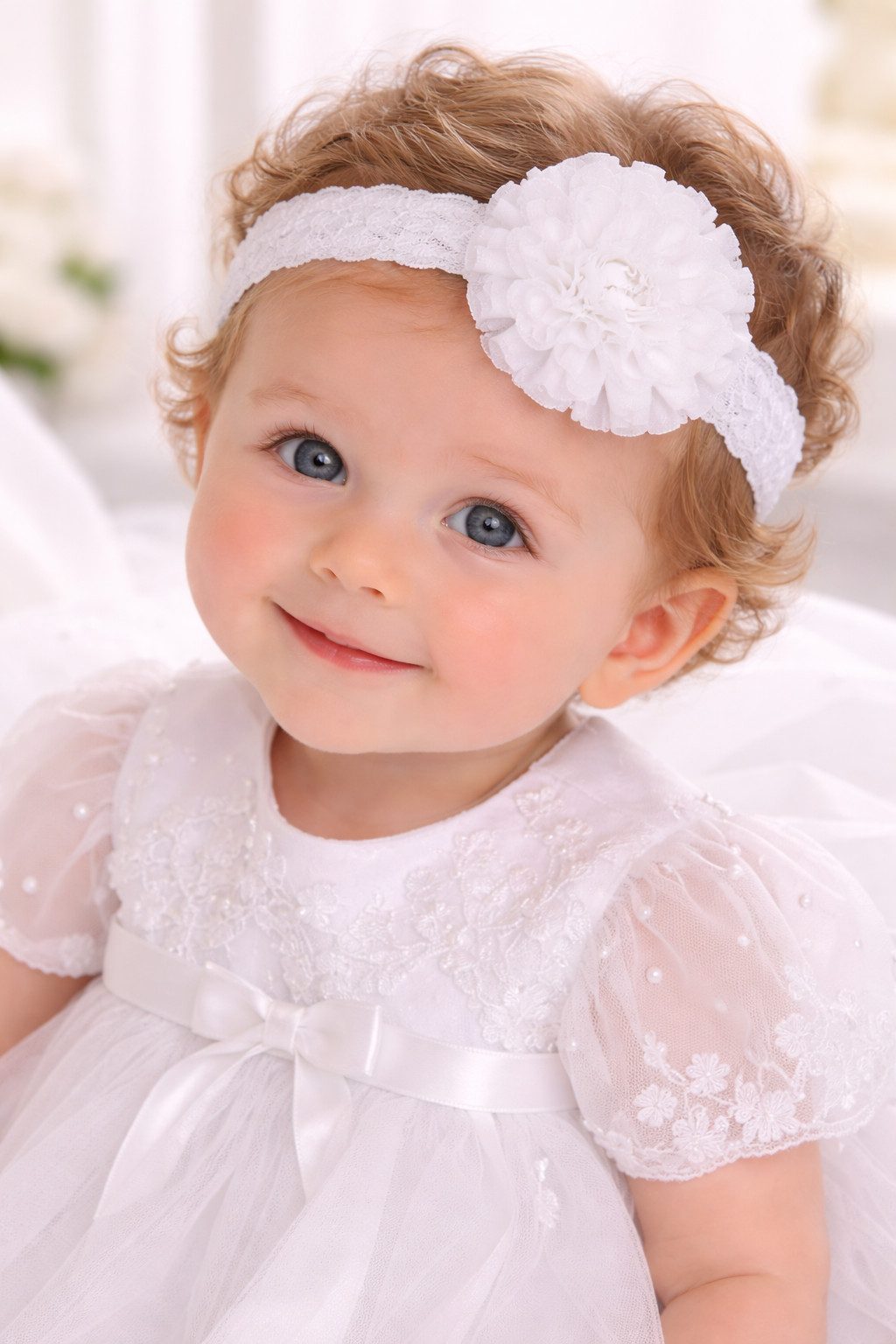 La Bortini Stirnband Baby und Kinder Kopfband in Weiß für Taufe Fest Kopfschmuck elastisch, weich, ab 0Mon, mit Blume, für Mädchen