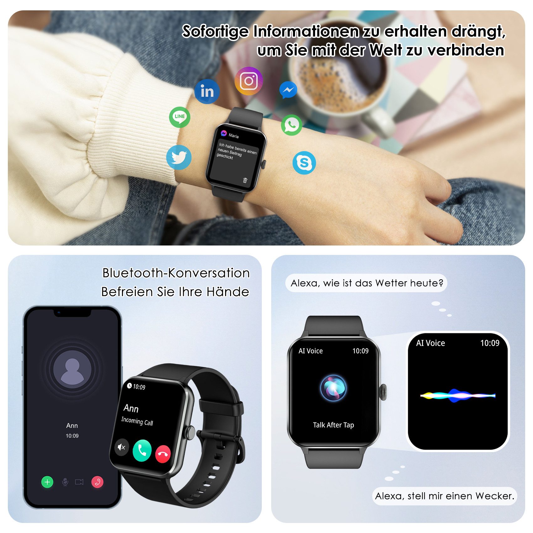 blackview Smartwatch Damen Herren,100+ Sportmodi, Metallarmband, 25 Tage Standby Smartwatch (1.85 Zoll, iOS&Android&HarmonyOS), 1-tlg., 2 Uhrenarmbänder (Metallarmband + Silikonarmband) und Ladekabel, 350mAh,KI-Sprachassistent,350+ Zifferblätter,Schlaf,Schrittzähler,IP68