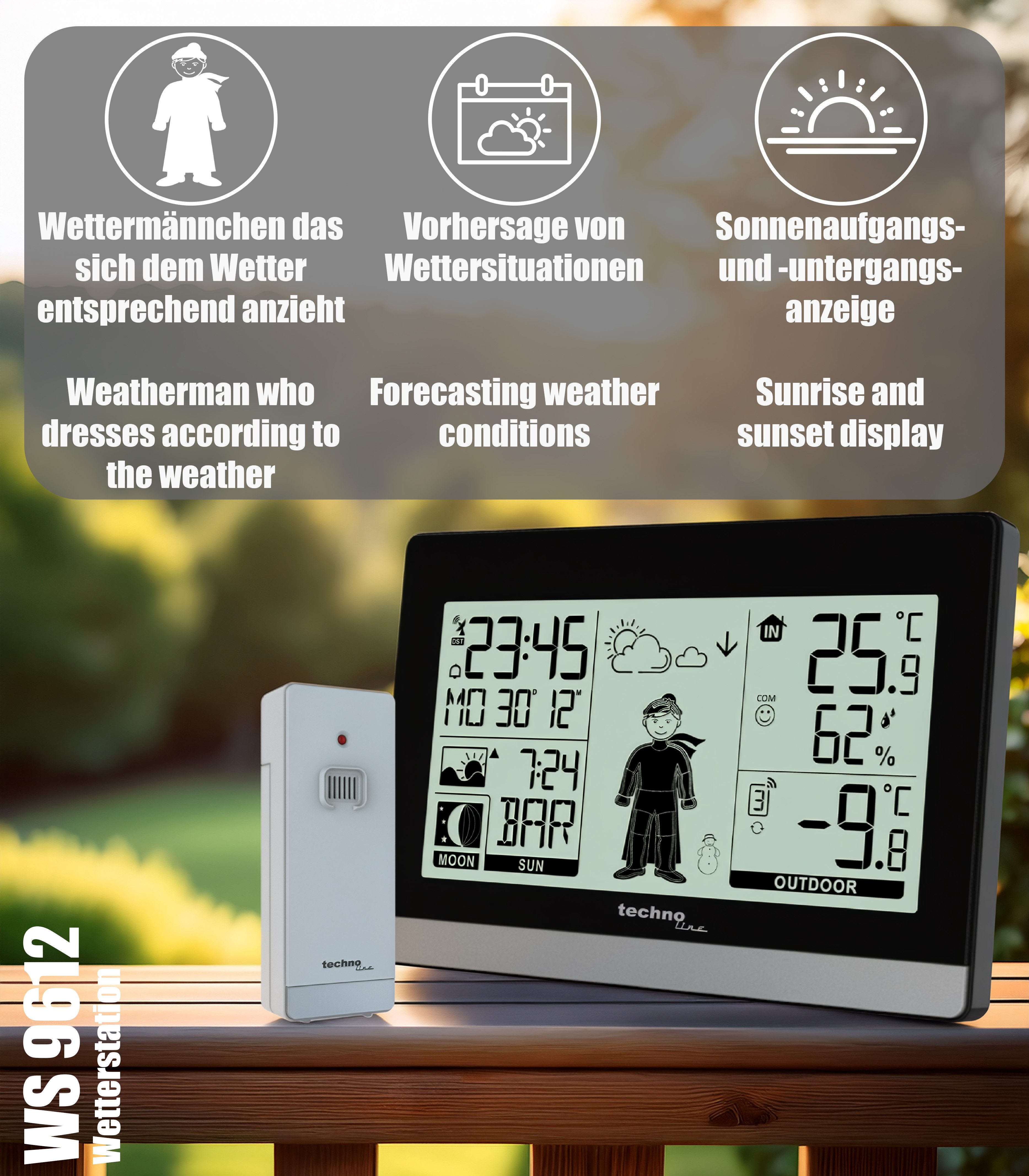 technoline WS 9612 Wetterstation (inklusive Außensender, mit "Wettermännchen“ zieht sich dem Wetter entsprechend an)