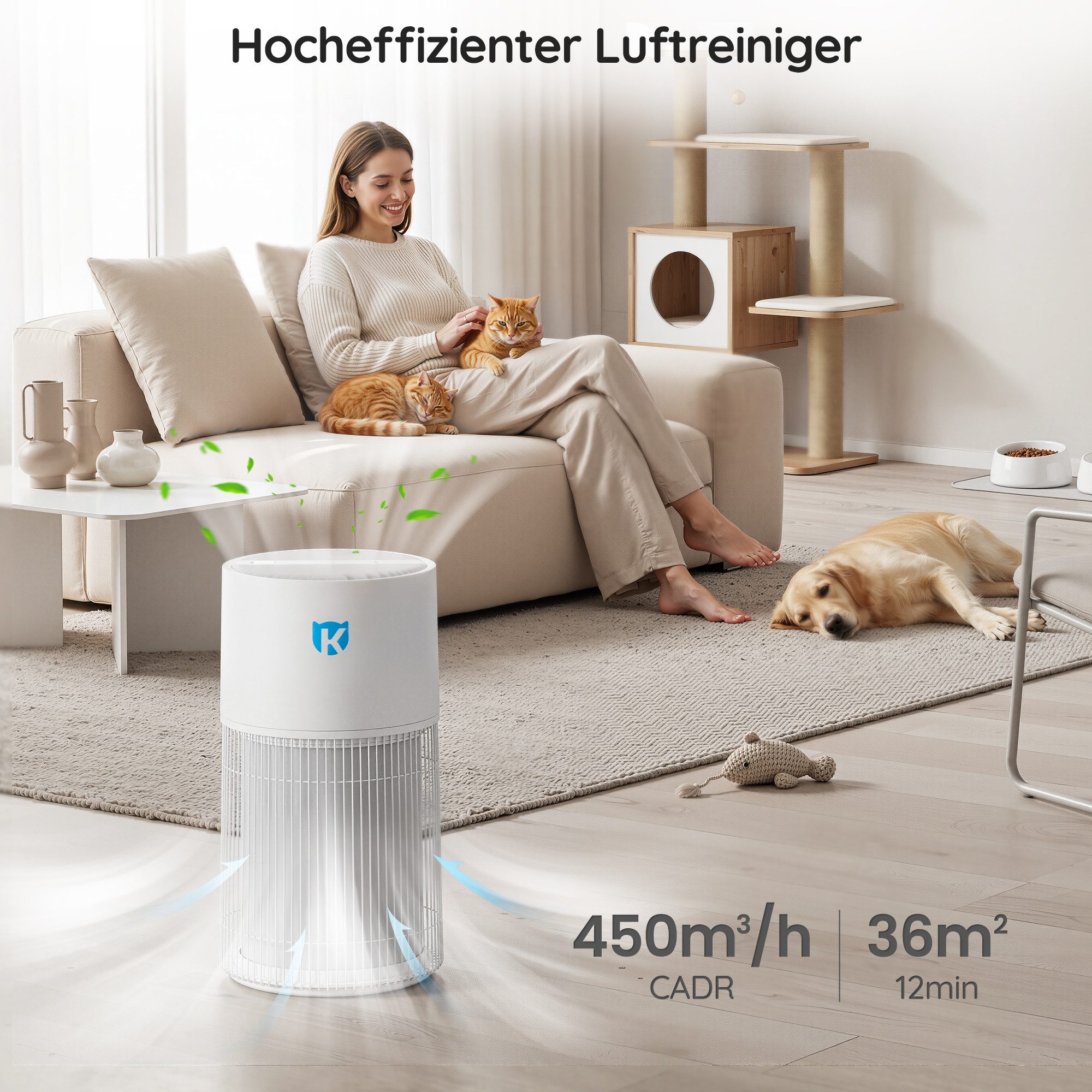 KuzmoTec Luftreiniger KuzmoTec AirGuard1,für Haustiere,Luftreinigungsrate 450 m³/h, AI Haustiermodus, UV-Steril., Doppel-CADR Kraft
