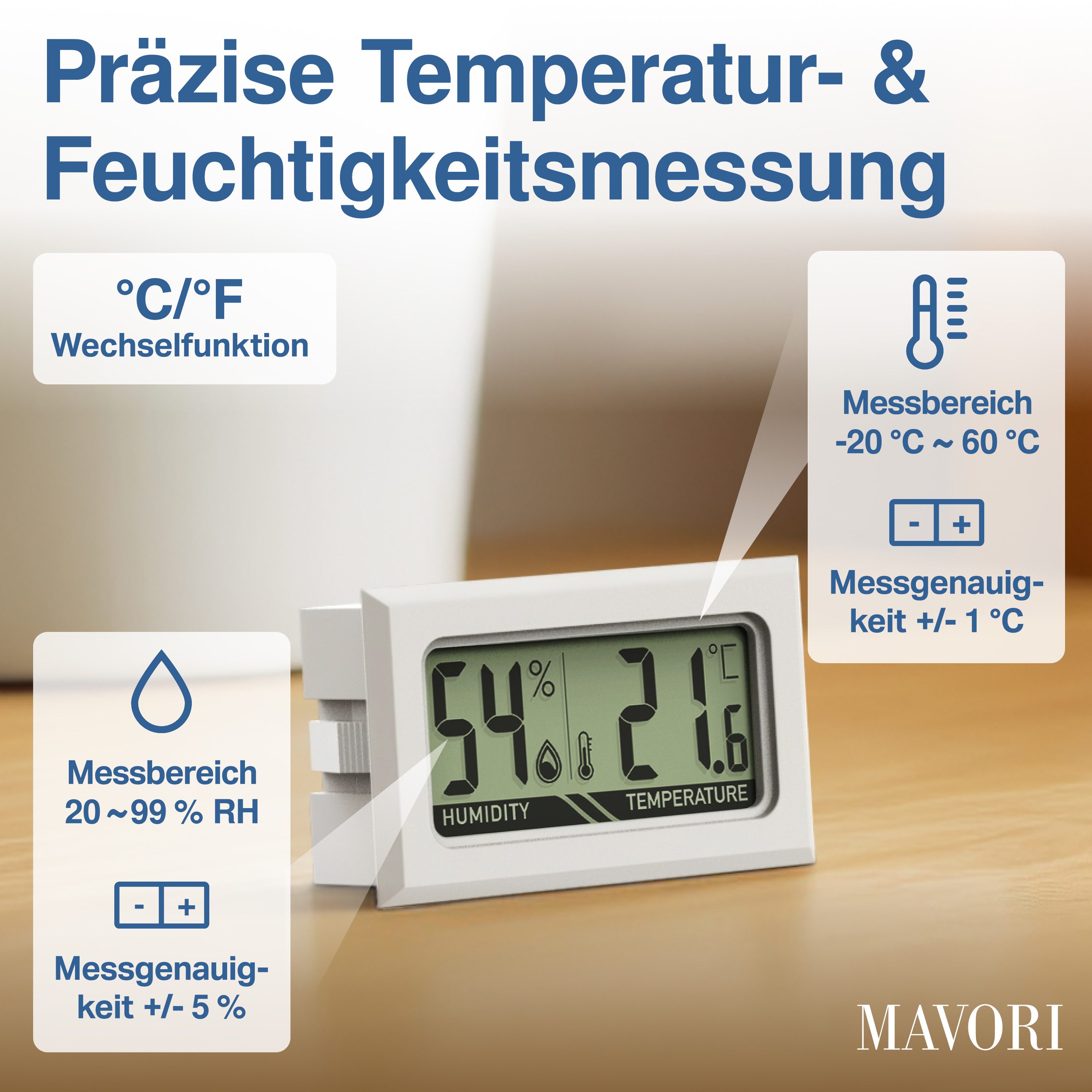 MAVORI Raumthermometer und Hygrometer innen mit sehr präzisen Messwerten, 3-tlg., Hygrometer mit Thermometer digital