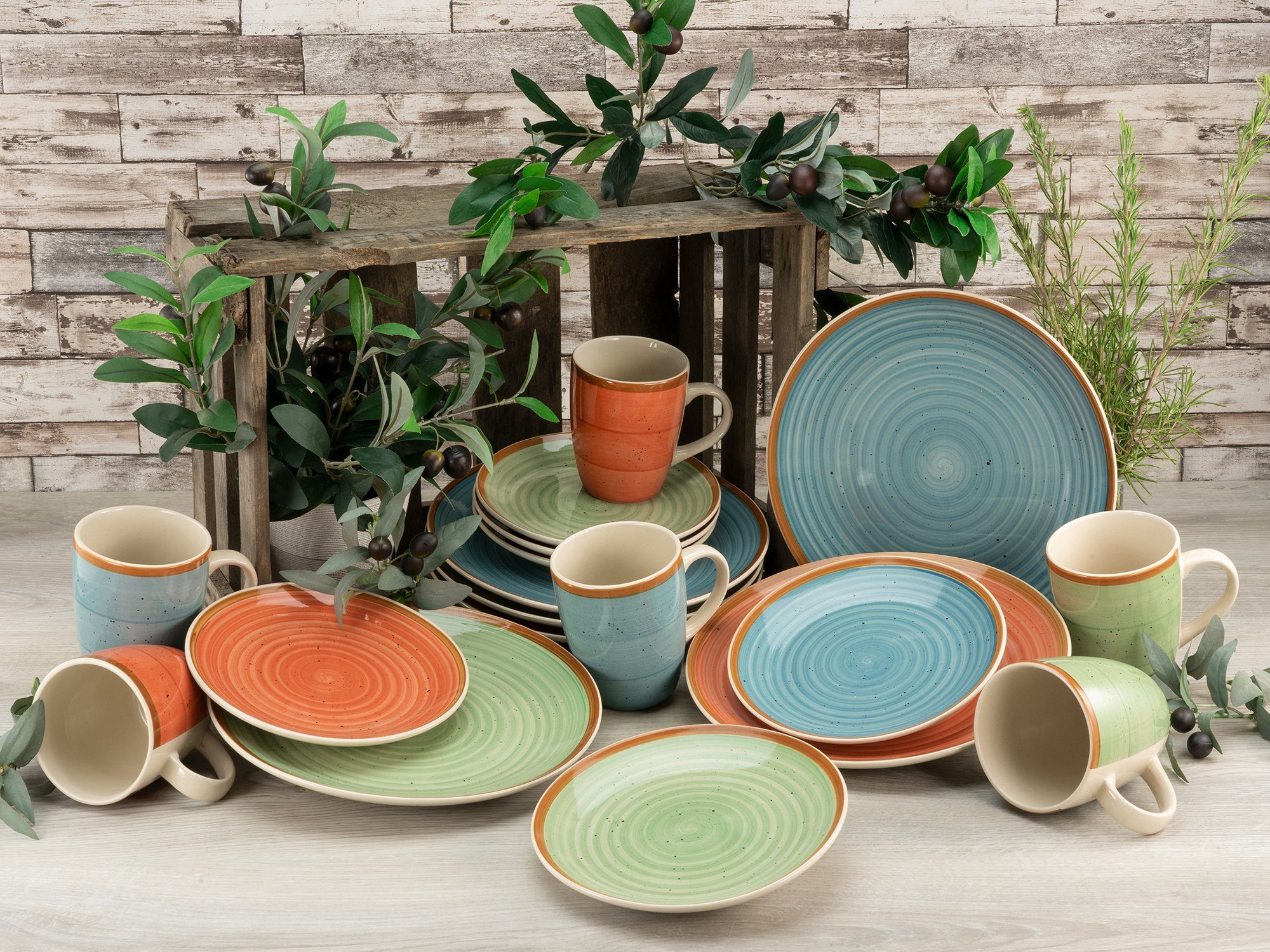 CreaTable Kombiservice Geschirr-Set Country (24-tlg), 6 Personen, Steinzeug, Service, Spiraldekor, 24 Teile, für 6 Personen