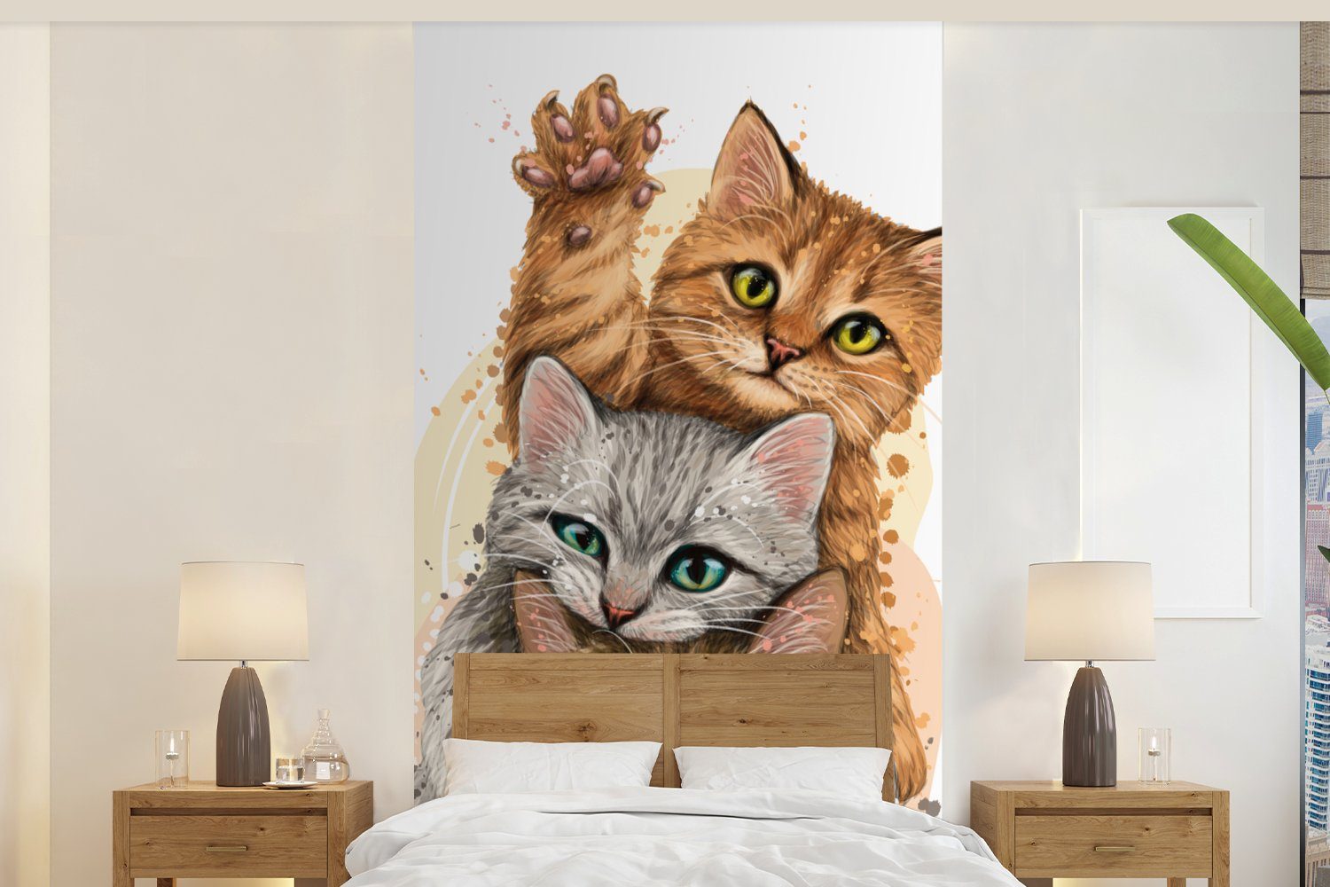 MuchoWow Fototapete Katzen - Illustration - Haustiere - Katze, Matt, bedruckt, (2 St), Vliestapete für Wohnzimmer Schlafzimmer Küche, Fototapete