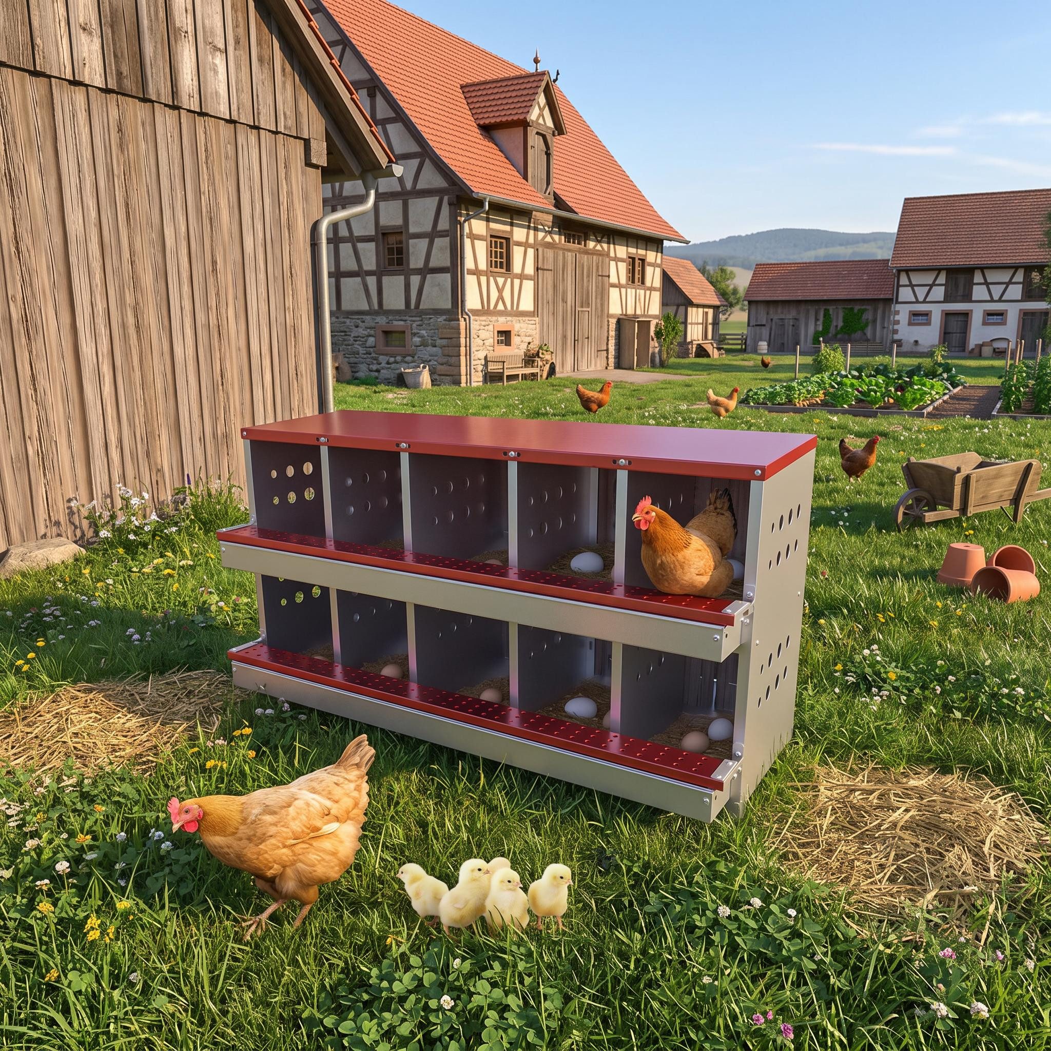 GarveeMore Hühnerstall Legebox, 2 Etagen, 10 Fächer, mit Sitzstange & Eiablage, inkl. 10 Kunsteier, verzinkter Stahl, 115x42x63 cm, rot/grün