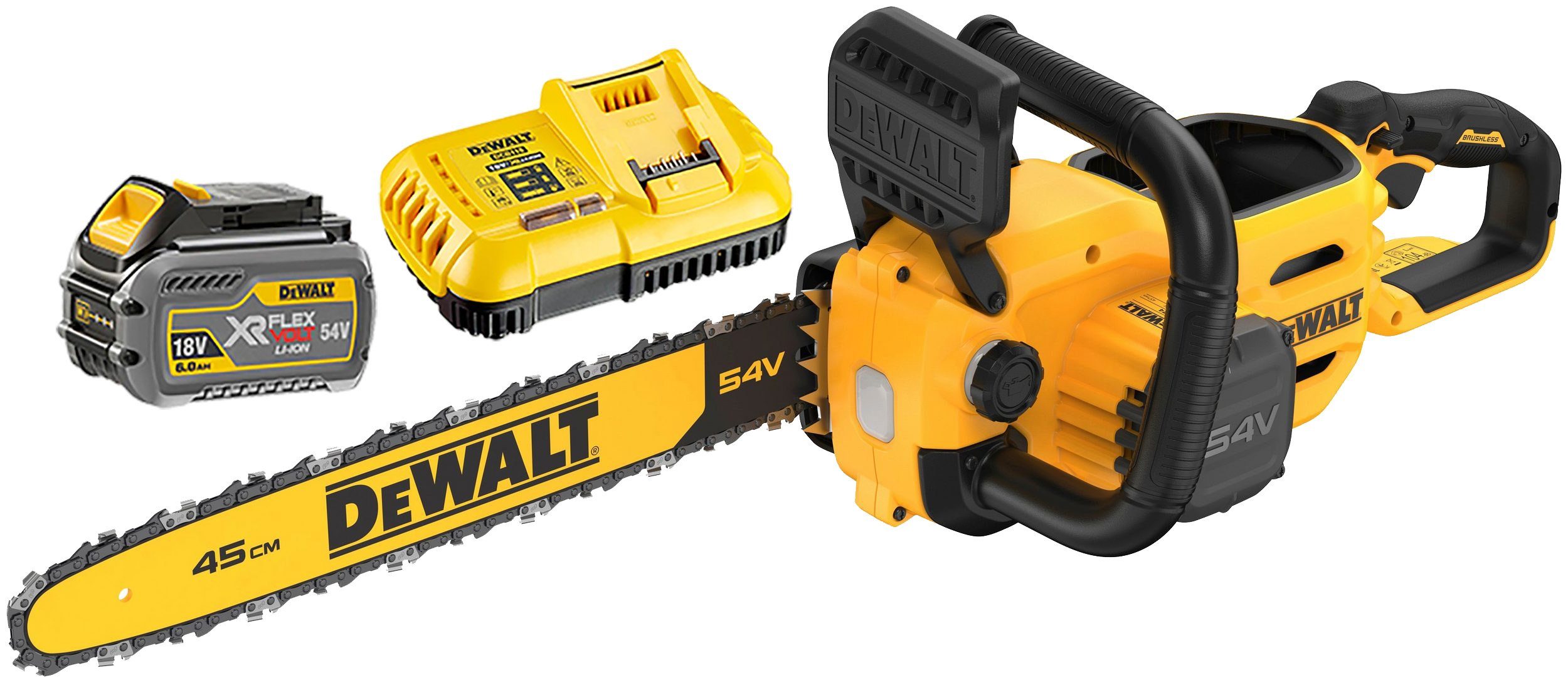 DeWalt Akku-Kettensäge Set DCMCS574N-XJ 54V, 45 cm inklusive DCB546-XJ 6,0 Ah, Spar-Set, 3-tlg., DCMCS574N-XJ + DCB546-XJ + DCB118-QW