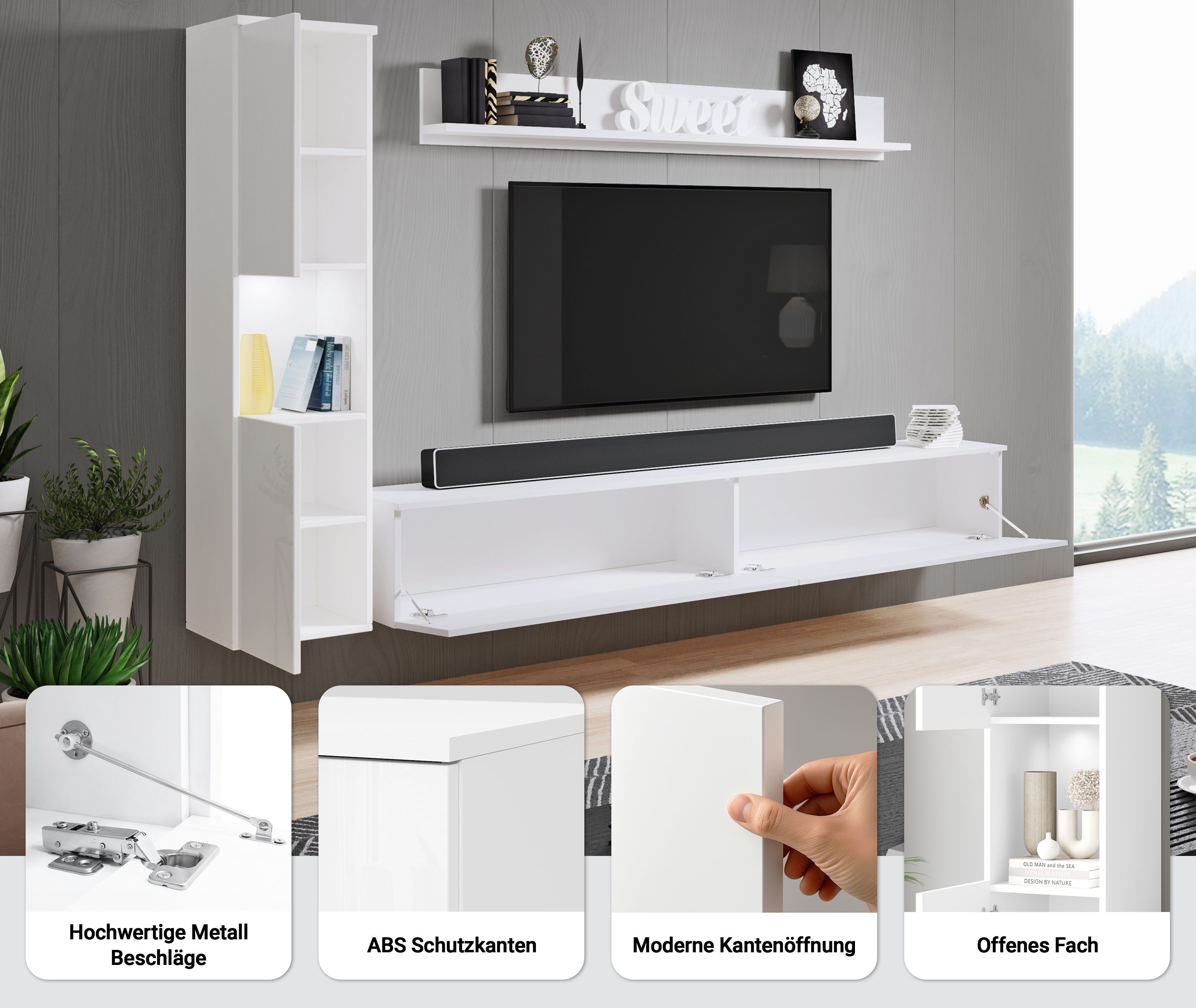 OTTO home Wohnwand PARIS, Vitrine Türanschlag links/rechts wechselbar, (Komplett-Set, 3-St), grifflose Design, stehend und hängend montierbar