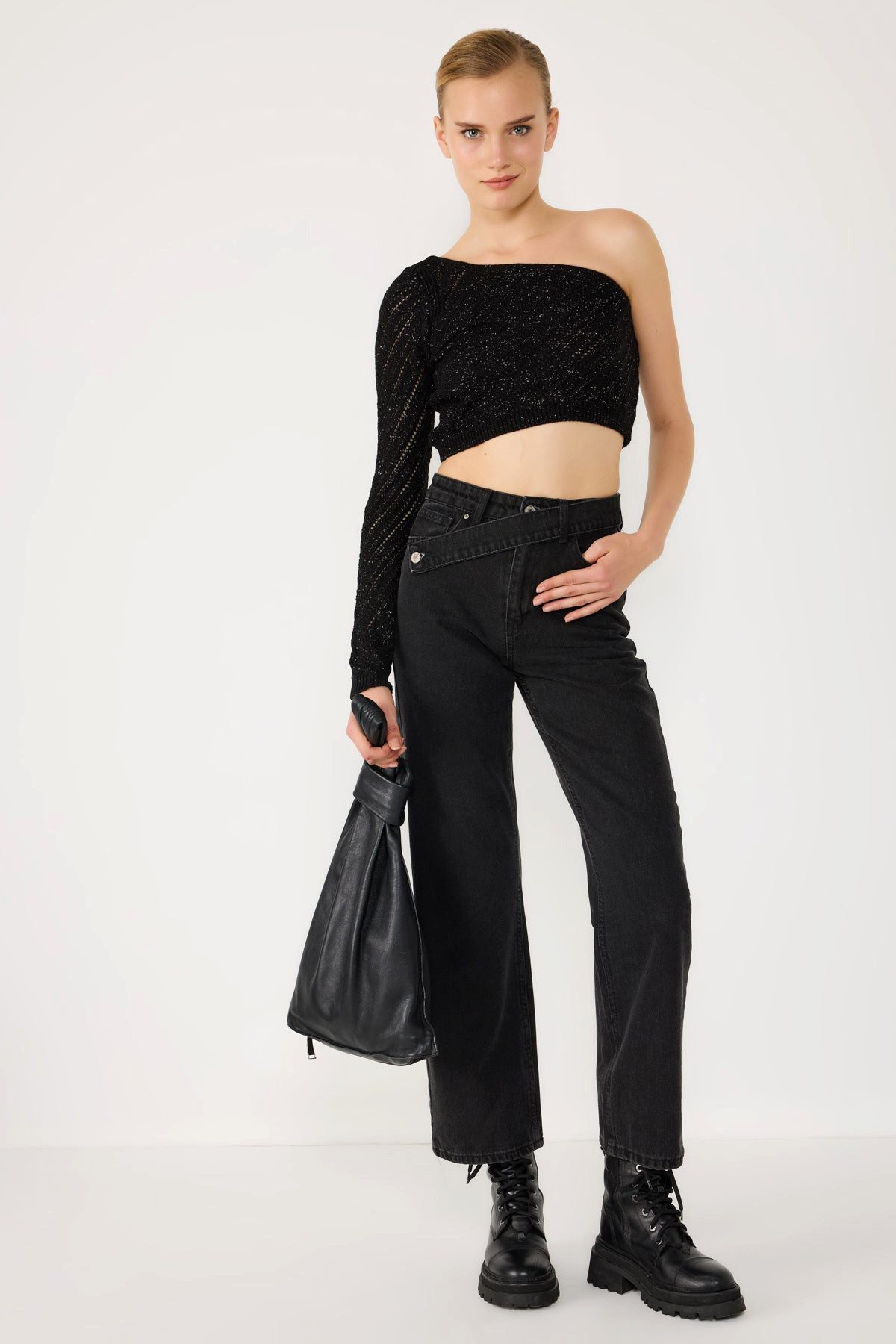 No Matter What Crop-Top Glänzendes Einärmeliges Asymmetrisches Crop Top