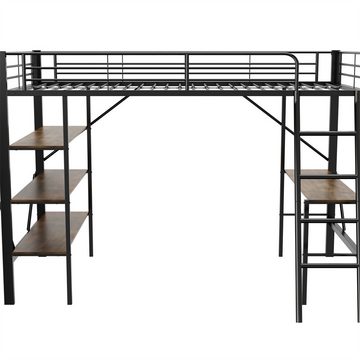 XDeer Metallbett 90x200cm Bettgestell Metallbett, Eisenbett,Hochbett mit, Schreibtisch und drei großen Ablagen für Kinder, Jugendliche