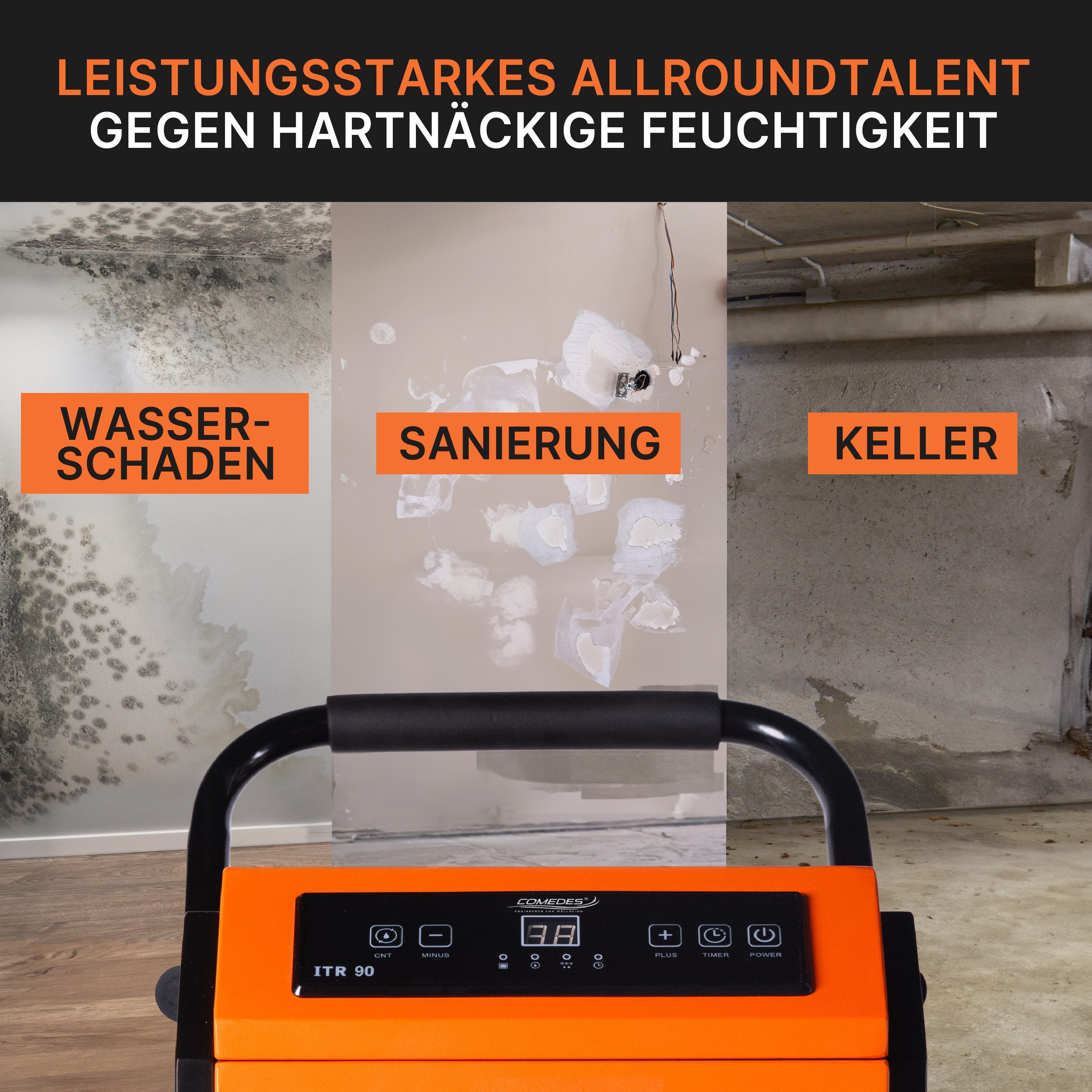 Comedes Bautrockner Bautrockner Luftentfeuchter ITR 90, mit integrierter Pumpe, für 345 m³ Räume, Entfeuchtung 90 l/Tag, Integrierte Drainagepumpe