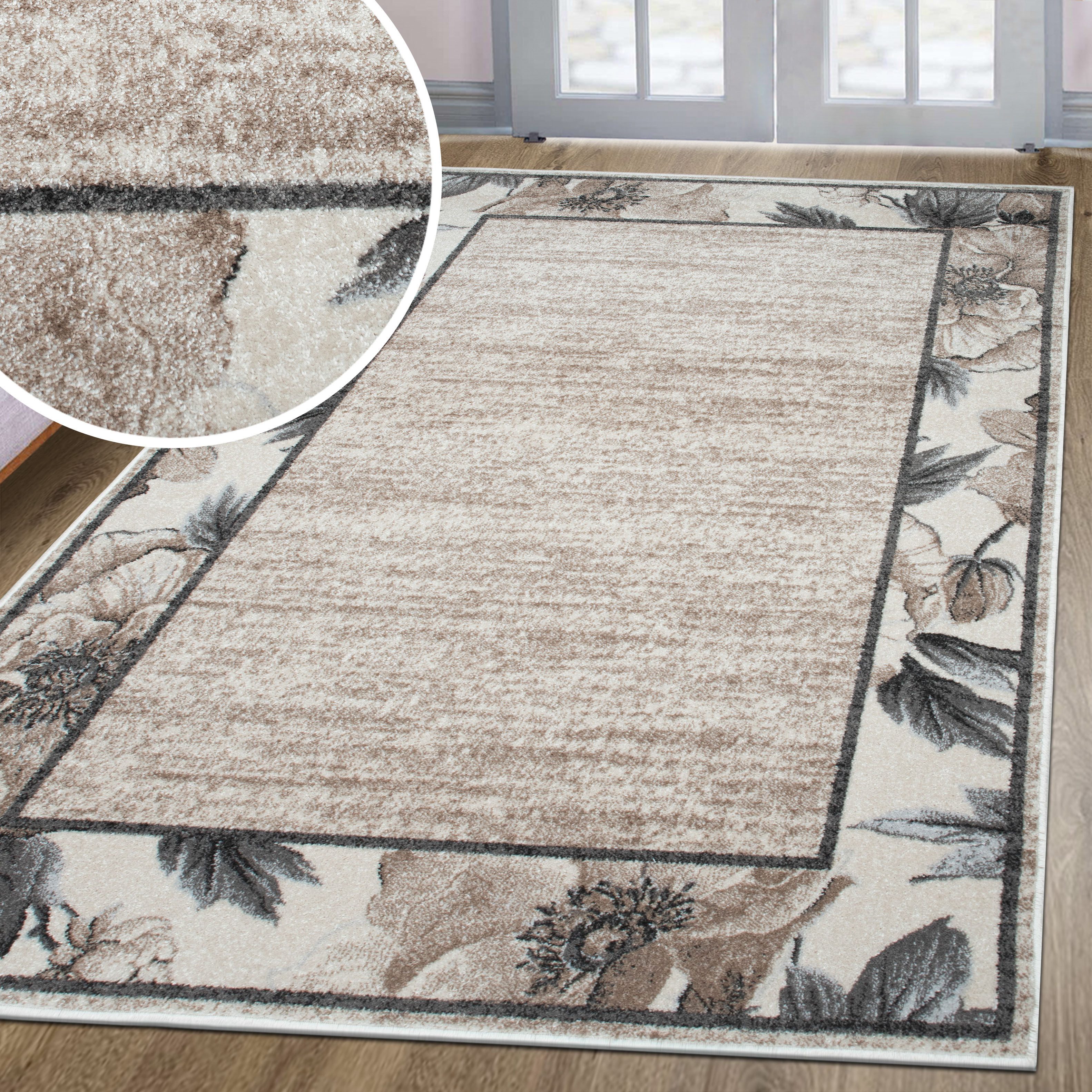 OTTO home Teppich Florent mit Rahmen, Blumen Design, rechteckig, Höhe: 9 mm, Floral, detailreiche Blüten, meliert, elegant, Wohnzimmer
