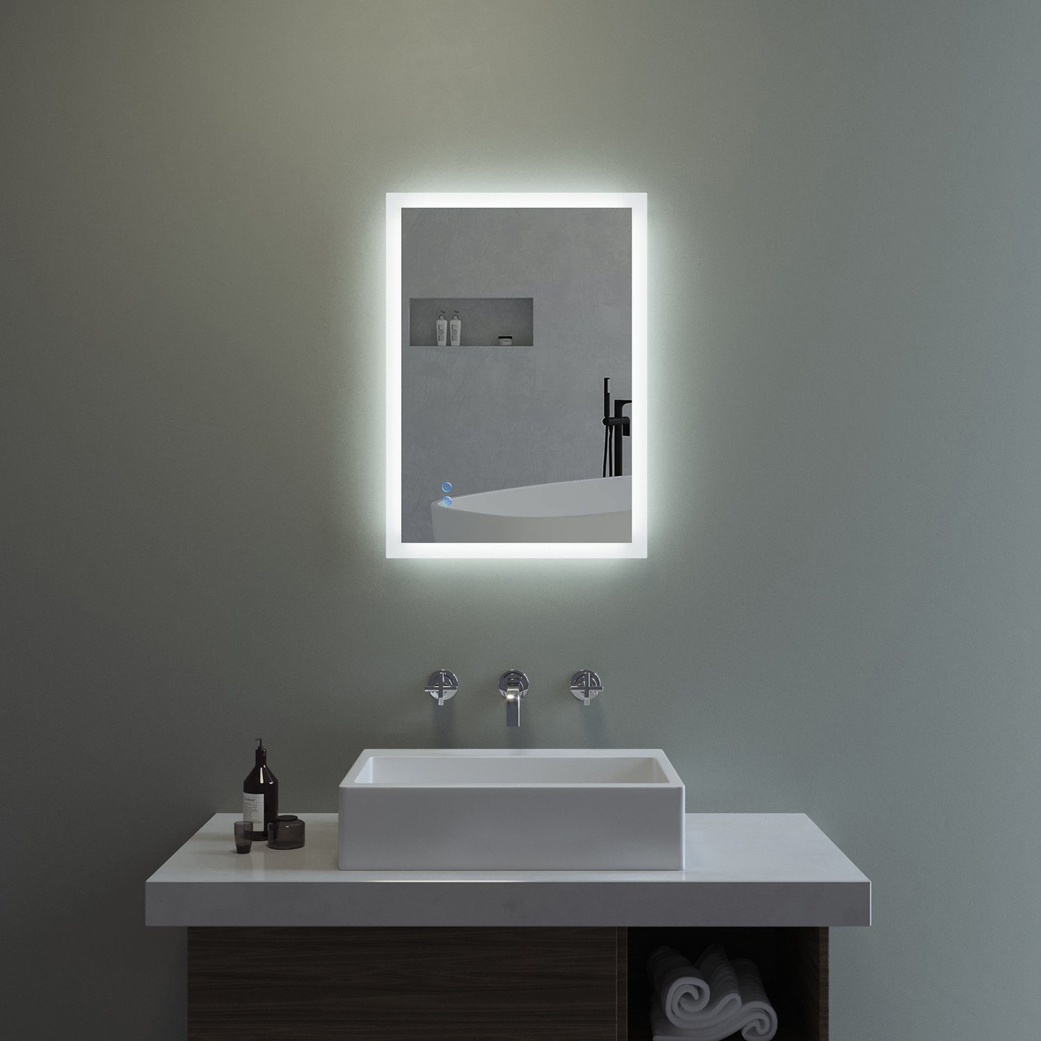 AQUABATOS Badspiegel Badspiegel mit Beleuchtung Badezimmerspiegel LED Licht (Wandspiegel Lichtspiegel), Dimmbar, Kaltweiß 6400K, Touch Schalter, Spiegelheizung