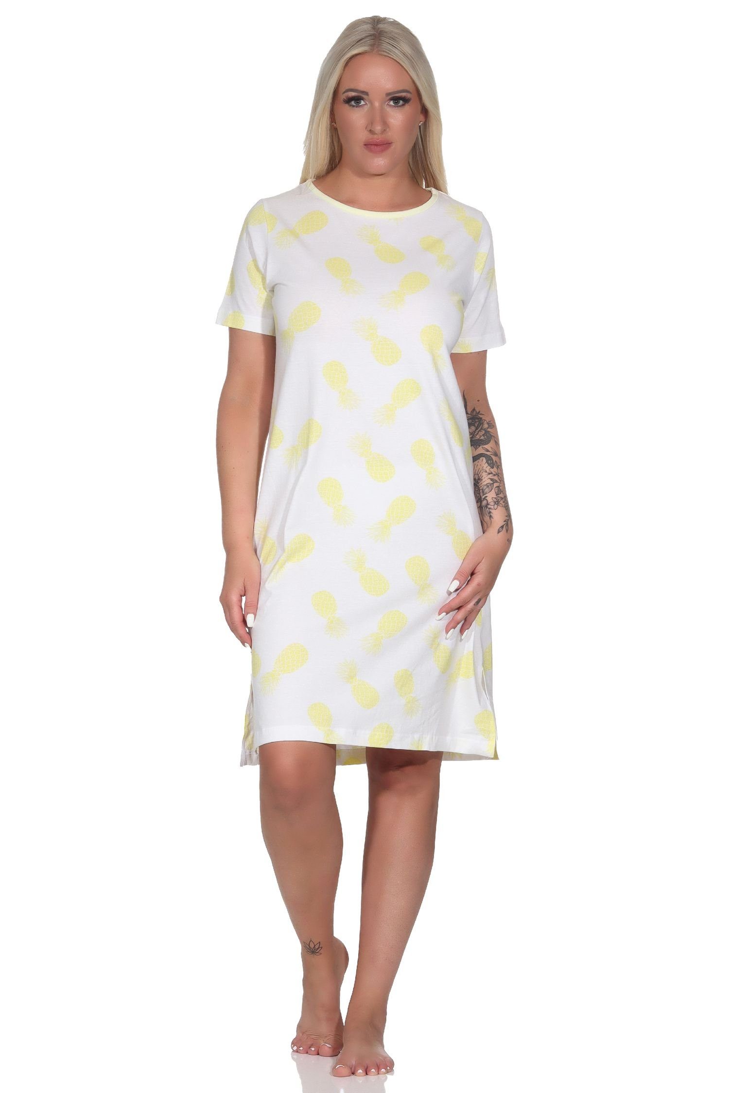 Normann Nachthemd Damen Kurzarm Nachthemd Sleepshirt mit Ananas als Motiv gelb