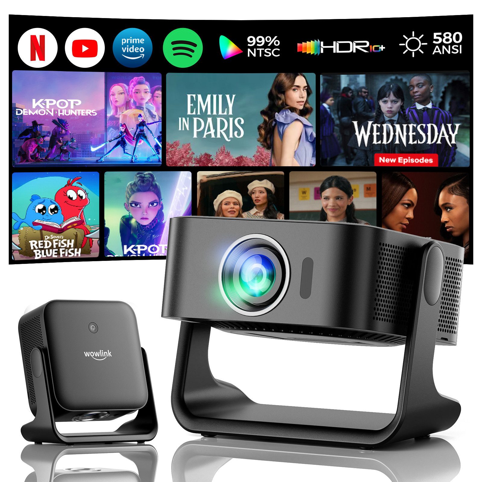wowlink [Smart TV OS & HDR10+ & 3D Sound] 4K Beamer mit WiFi 6 Beamer (580 lm, 20000:1, 4K px, Bluetooth 5.4, Built-in Smart OS & Apps & Auto Focus & Keystone)