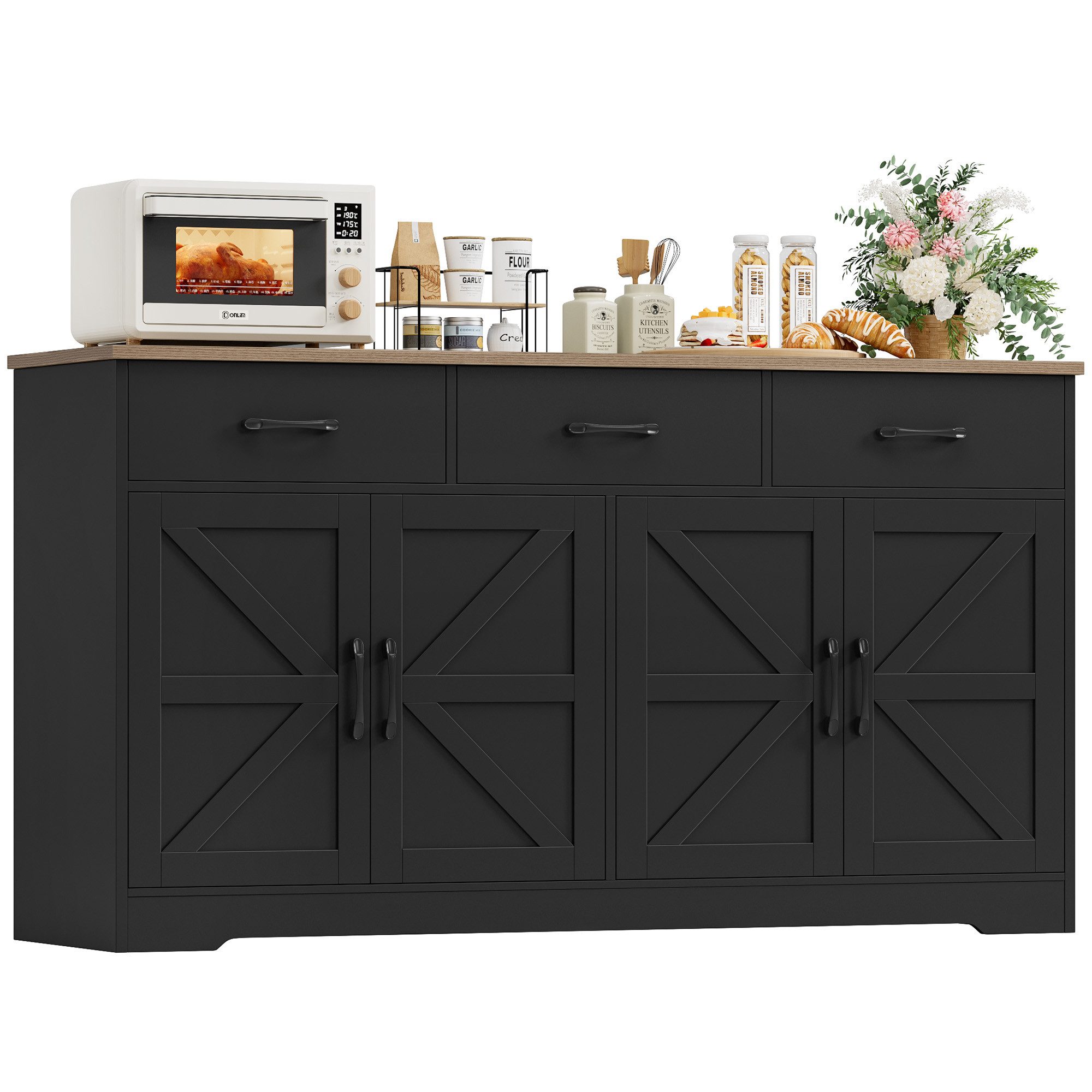 HOMECHO Sideboard, 150cm Breit Küchenschrank mit Arbeitsplatte 4 Türen 3 Schubladen