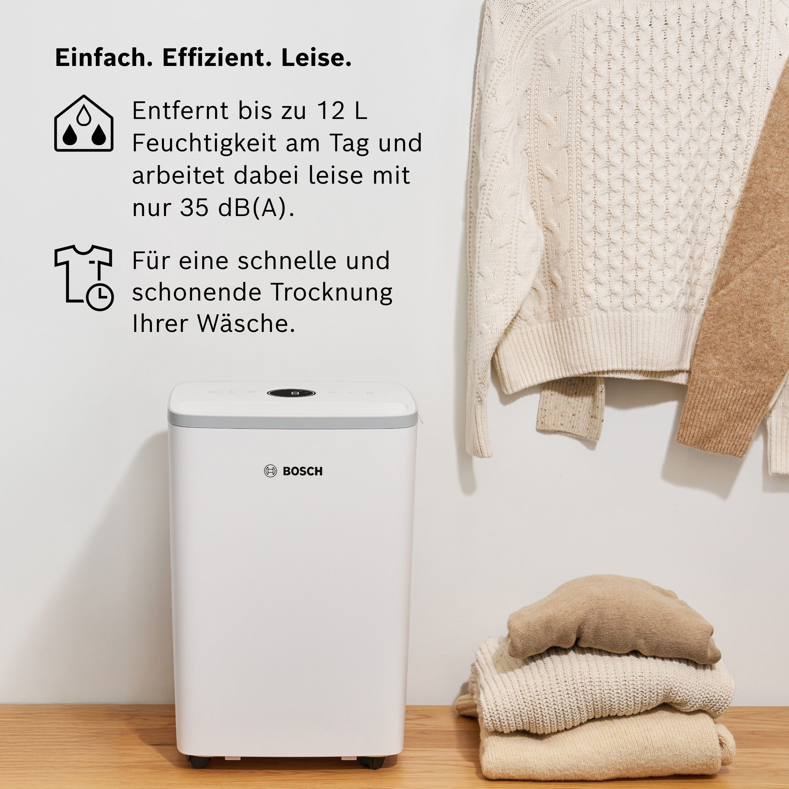 BOSCH Luftentfeuchter Dry 2000 - Ideal für die Wohnung & schnelle Trocknung der Wäsche, Entfeuchtung 12 l/Tag, Tank 2,5 l, Ultra-leiser Betrieb; nur 35 dB(A)