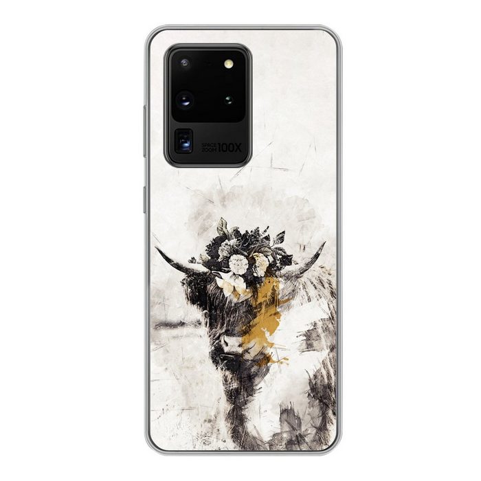 MuchoWow Handyhülle Schottischer Highlander - Farbe - Blumen Phone Case Handyhülle Samsung Galaxy S20 Ultra Silikon Schutzhülle