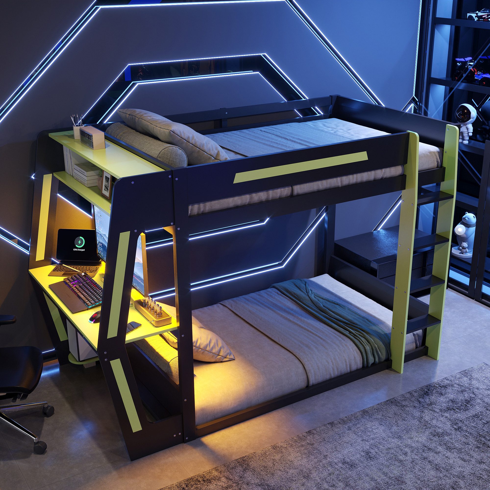 i@home Hochbett Multifunktionsbett,Halbhohes Bett,Loft-Bett,mit Stauraum,120x200cm mit Gaming-Schreibtisch,PC-Ablage,LED-Beleuchtung,Schwarz und Grün