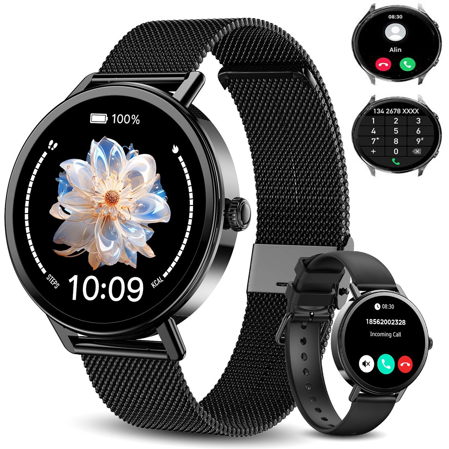 blackview Smartwatch X30 1,26″ für Damen mit Telefonfunktion undFitness-Tracking Smartwatch (4 cm/1.26 Zoll, iOS/Android) Set, mit Wechselband aus weichemSilikon und Ladekabel, 5 Tage Akkulaufzeit/2 Armbänder/HF&SpO₂& Blutdruck/100+ Sportmodi,IP68
