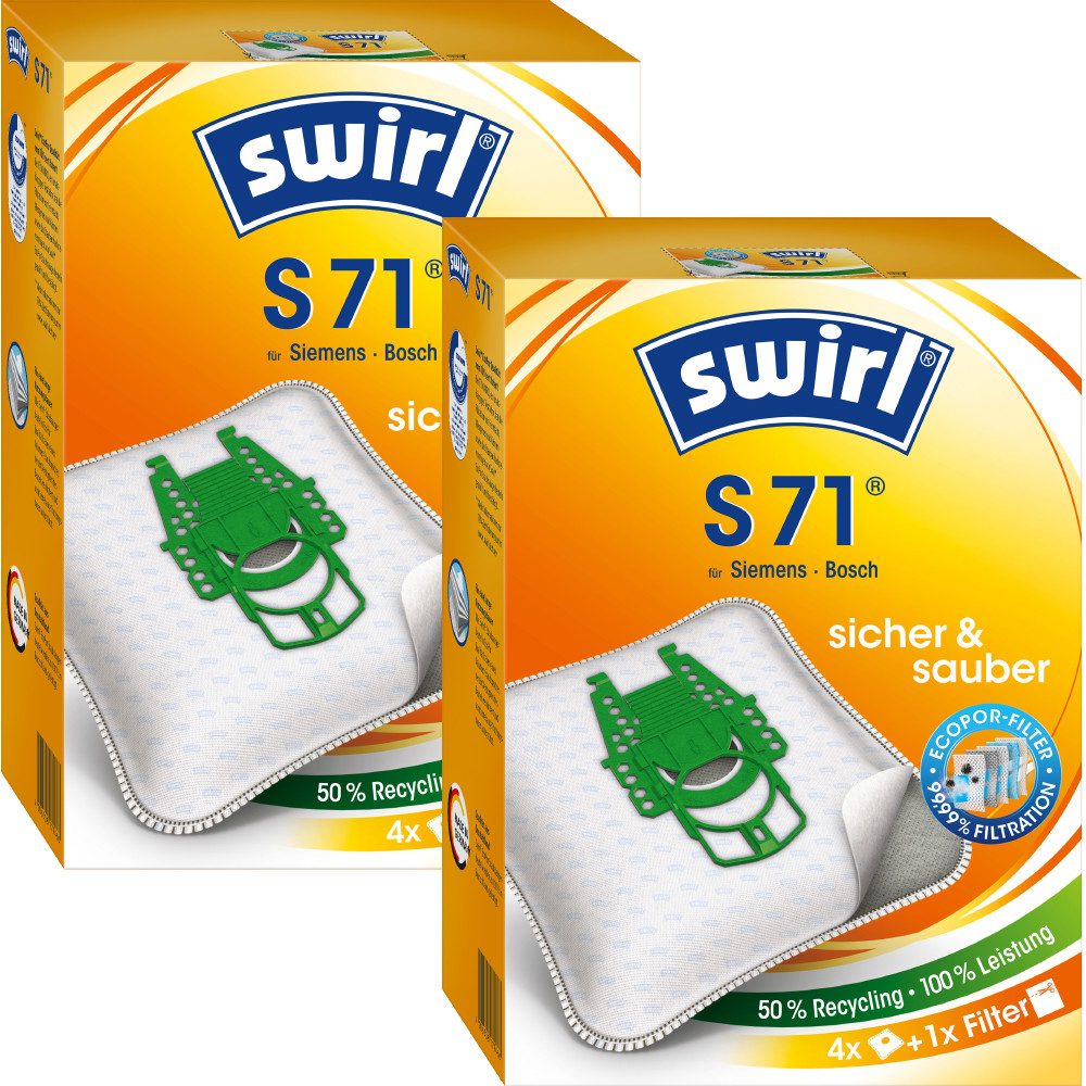 Swirl Staubsaugerbeutel Swirl S71 S 71, passend für Bosch Siemens Staubsauger, inkl. 2 Filter - zuschneidbar, 8 St., Optimale Passform, EcoPor Qualität für lange Nutzungsdauer