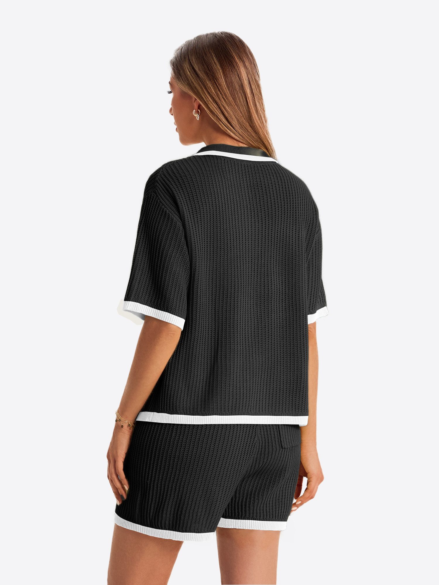 Imily Bela Hausanzug Damen Häkel 2-teiliger Set (Set, 2 tlg., Strickjacke + Shorts) Kontrastfarbige Details