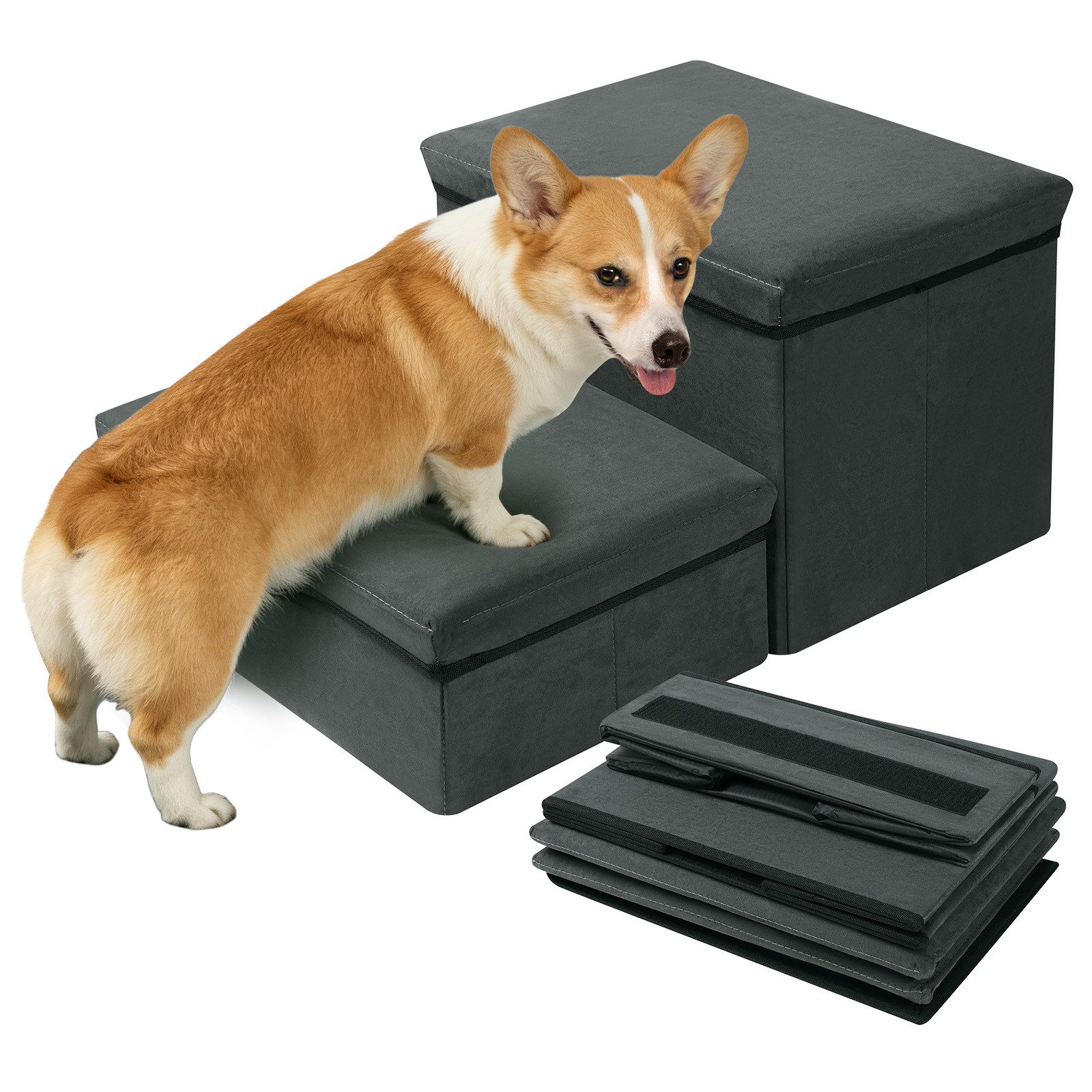 QUBEBU Haustiertreppe 2-stufige Hundetreppe Katzentreppe Faltbar Haustierleiter Hunderampe (2 Stufen Haustiertreppe für kleine Hunde, bis 60 kg, 1-St., Aufbewahrungsbox für Haustierspielzeug, Abnehmbarer Tiertreppe), Hunde Treppe Mit Deckel für Bett und Sofa, Grau 32 x 64 x 42 cm