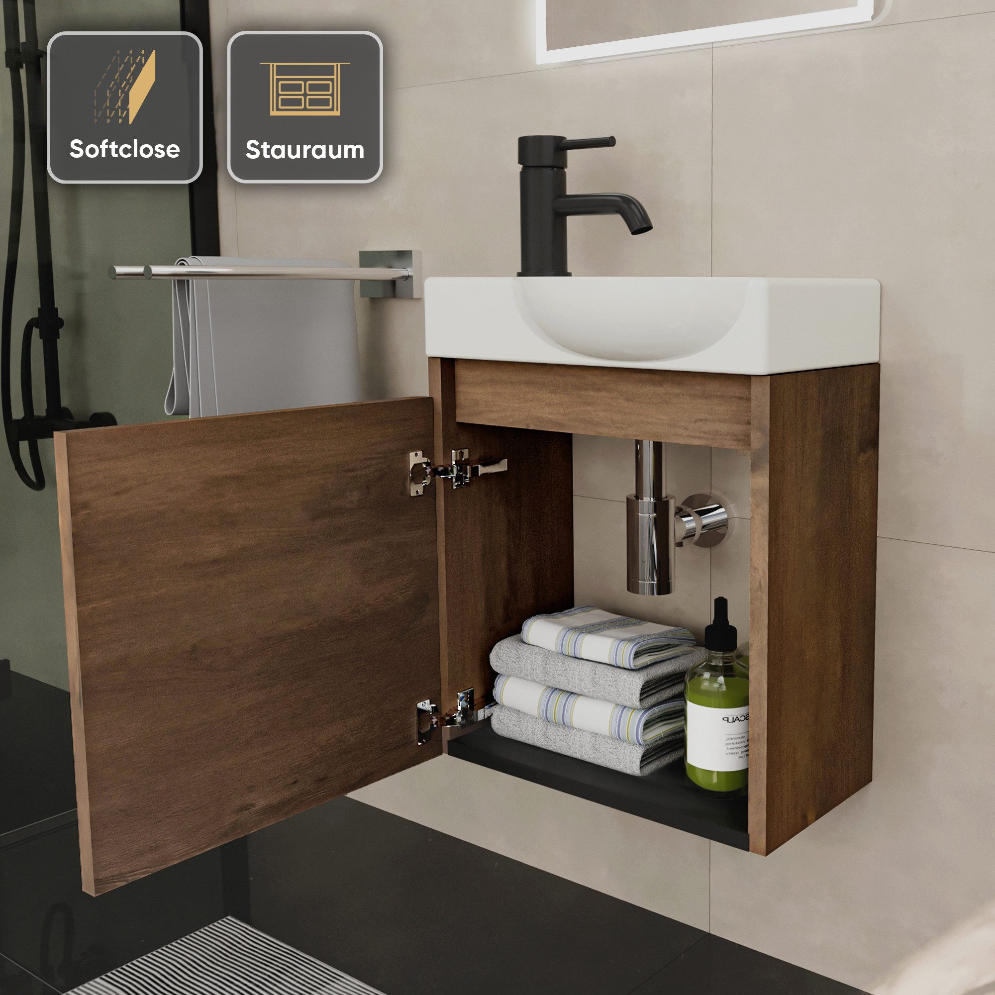 Alpenberger Waschtisch-Set Waschtisch mit Unterschrank hängend 45 cm Gäste WC, (Soft-Close Tür, MDF Eiche, Keramik Becken Rechts mit Überlauf), Waschbecken mit  – Bild 4 von 5