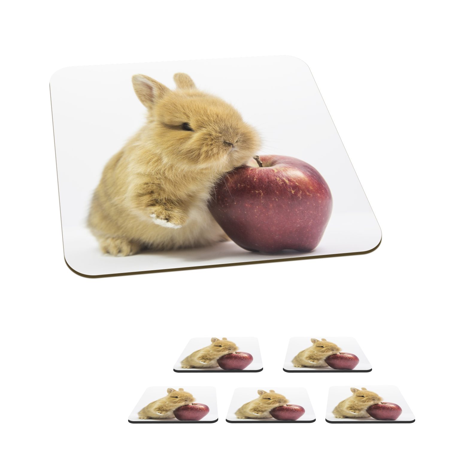 MuchoWow Glasuntersetzer Kaninchen - Baby - Apfel, Zubehör für Gläser, 6-tlg., Glasuntersetzer, Tischuntersetzer, Korkuntersetzer, Untersetzer, Tasse