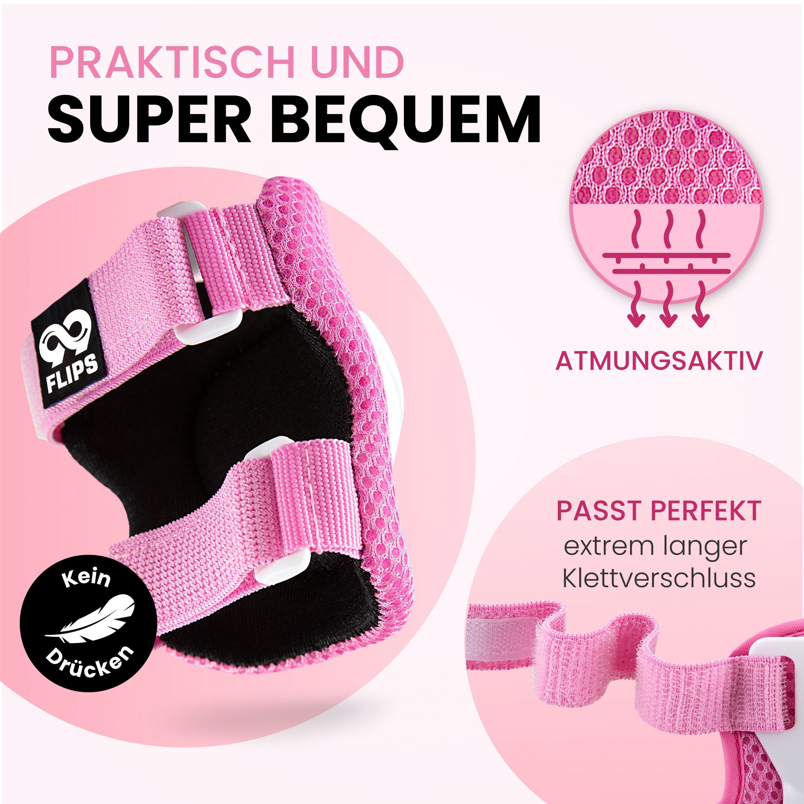 99FLIPS Protektoren-Set Schoner Inliner skates Kinder Set Skateboard Protektoren Schützer (Knieschoner Kinder Schutzausrüstung für Rollschuhe & Skateboard, 6-tlg., Knieschützer, Ellenbogen Schützer & Handschützer inkl. Tasche), Schlittschuhe Schoner Geschenke für Kinder
