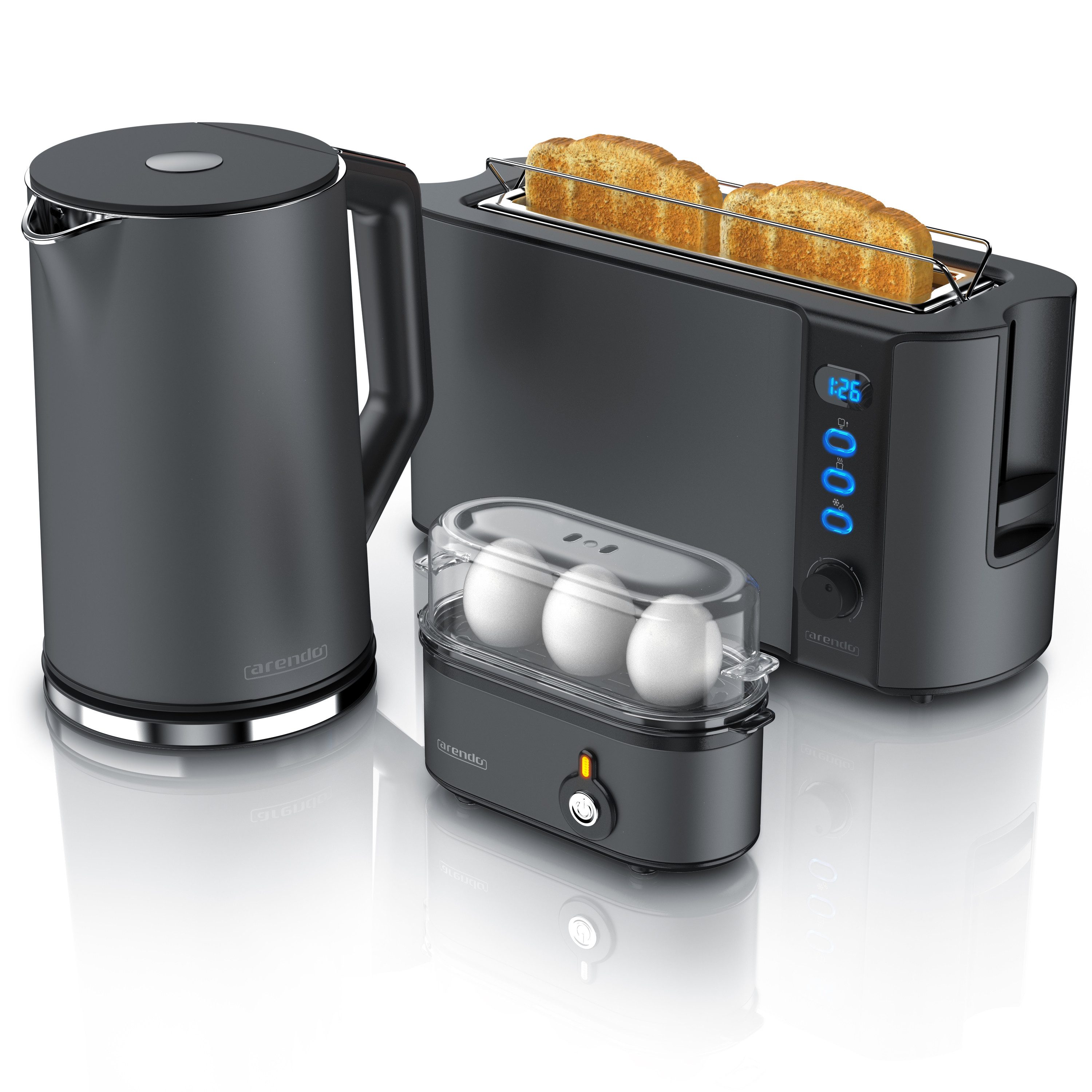 Arendo Frühstücks-Set Edelstahl Wasserkocher 1,5l, 2-Scheiben Toaster, Eierkocher, Cool Grey (3-tlg), BPA-frei, GS-geprüfte Sicherheit, perfekt fürs Familienfrühstück